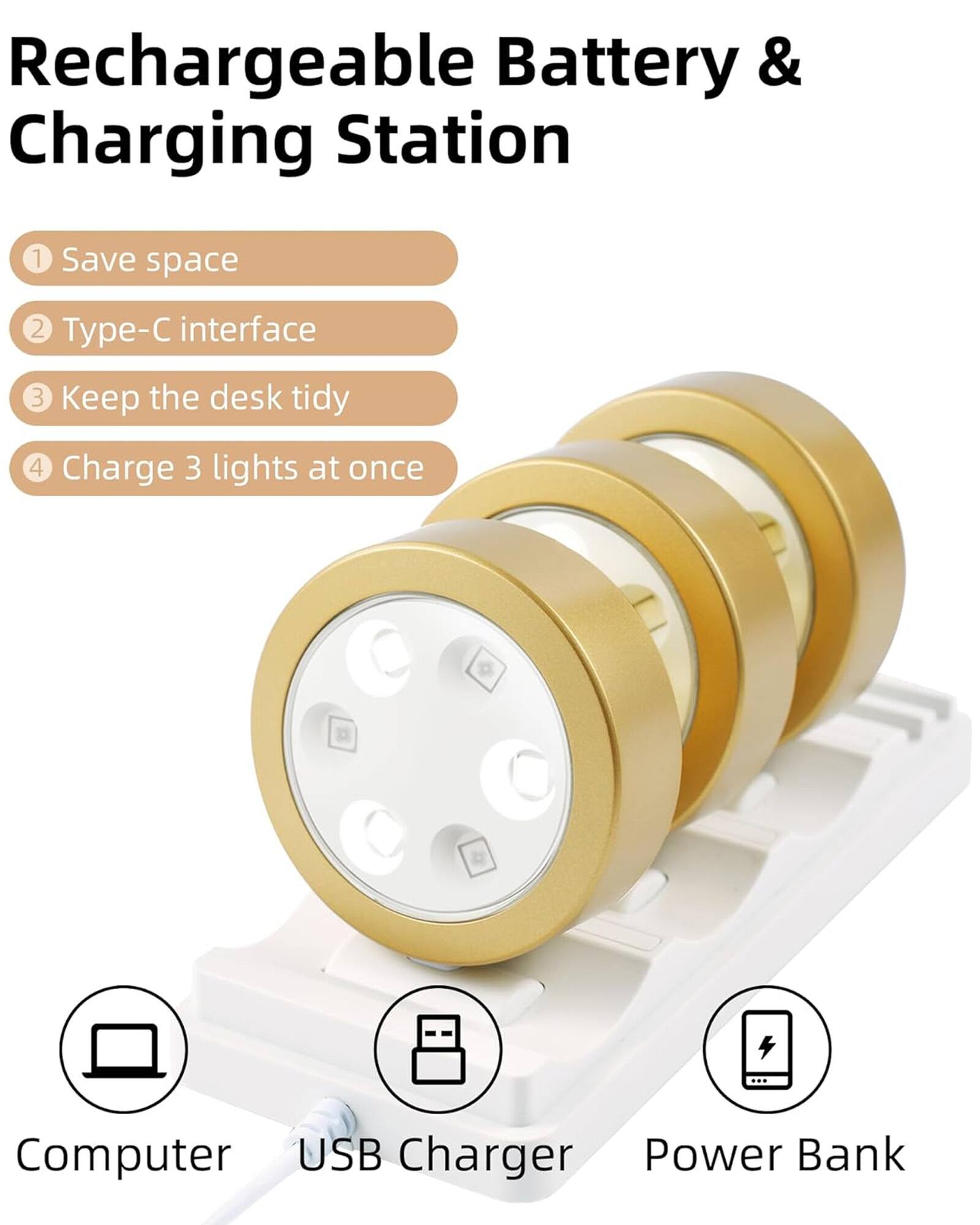 Rechargeable Battery & Charging Station

1. Save space
2. Type-C interface
3. Keep the desk tidy
4. Charge 3 lights at once

Computer USB Charger Power Bank