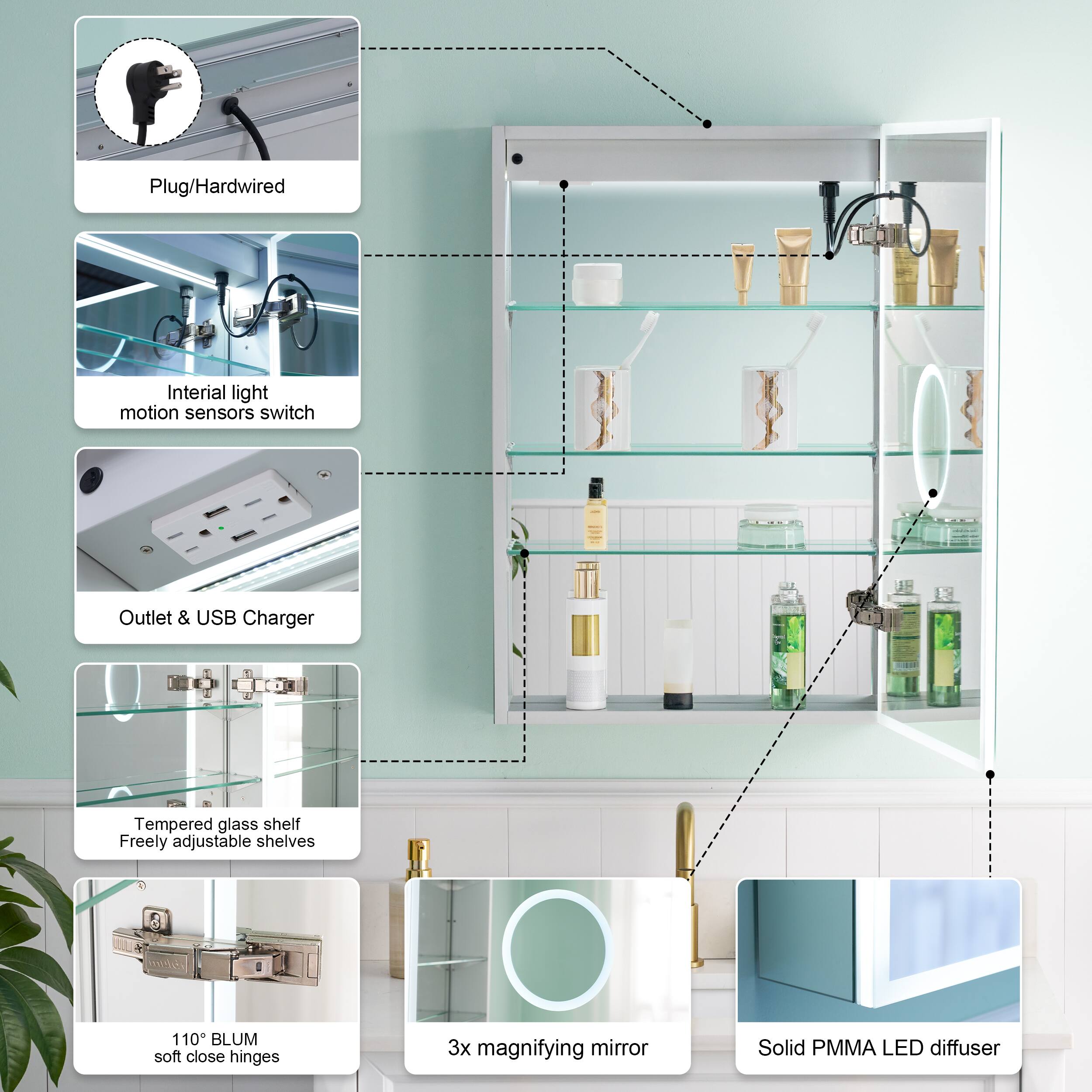 Plug/Hardwired  
Intralight motion sensors switch  
Outlet & USB Charger  
Tempered glass shelf  
Freely adjustable shelves  
110° BLUM soft close hinges  
3x magnifying mirror  
Solid PMMA LED diffuser