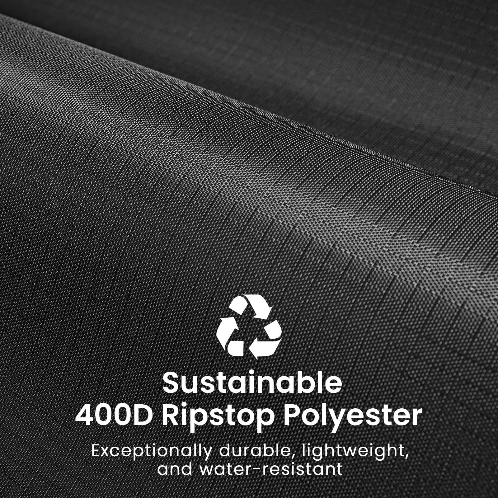 Sustainable 400D Ripstop Polyester  
Exceptionally durable, lightweight, and water-resistant