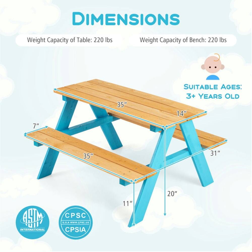 DIMENSIONS  
Weight Capacity of Table: 220 lbs  
Weight Capacity of Bench: 220 lbs  

SUITABLE AGES: 3+ YEARS OLD  

35"  
14"  
7"  
35"  
31"  
11"  
20"  

ASTM INTERNATIONAL  
CPSIA  
CPS&C U.S.A www.CPSC.US