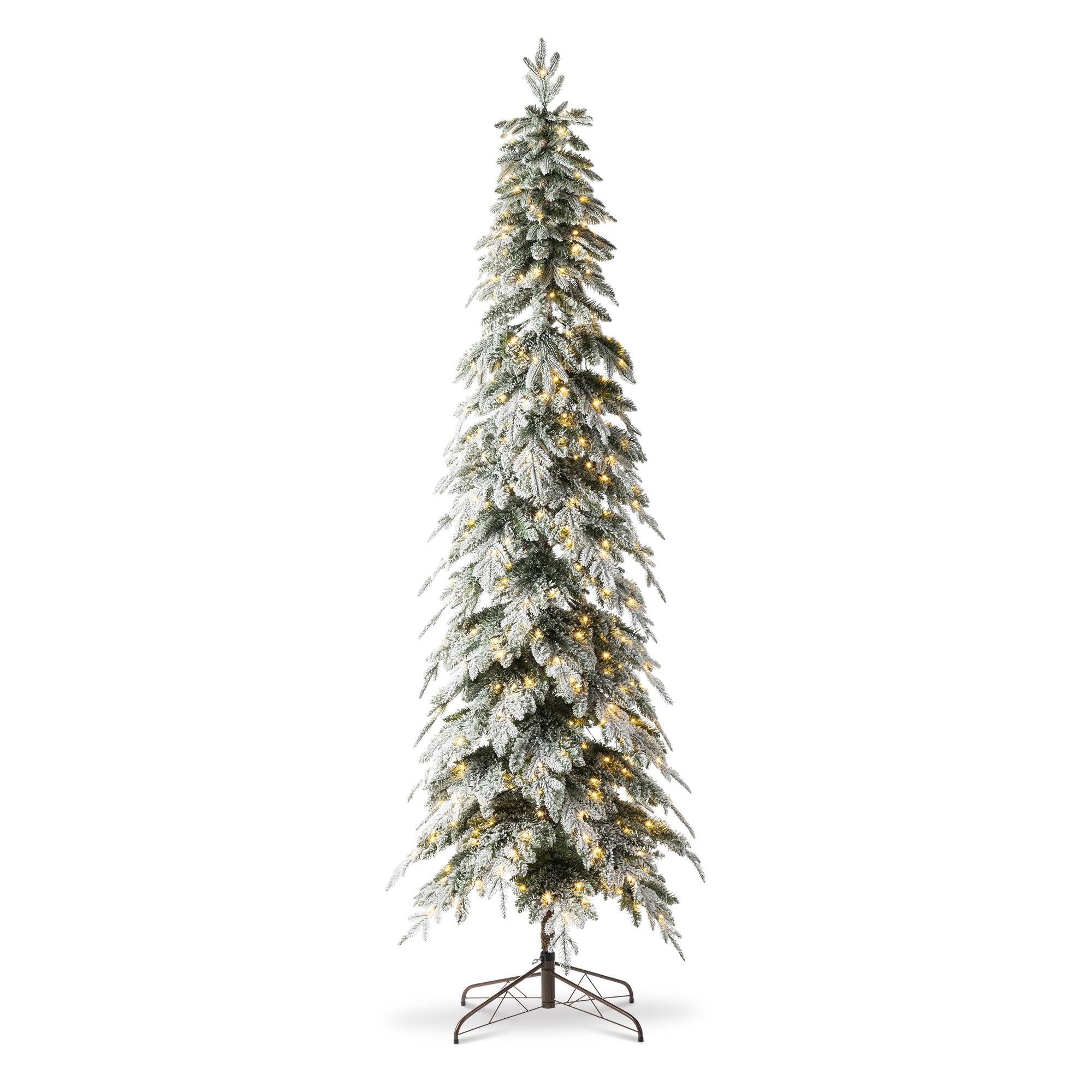 Angle. Glitzhome - 9ft Pre-Lit Flocked Pencil Spruce Artificial Christmas Tree with 470 Warm White Lights - White.