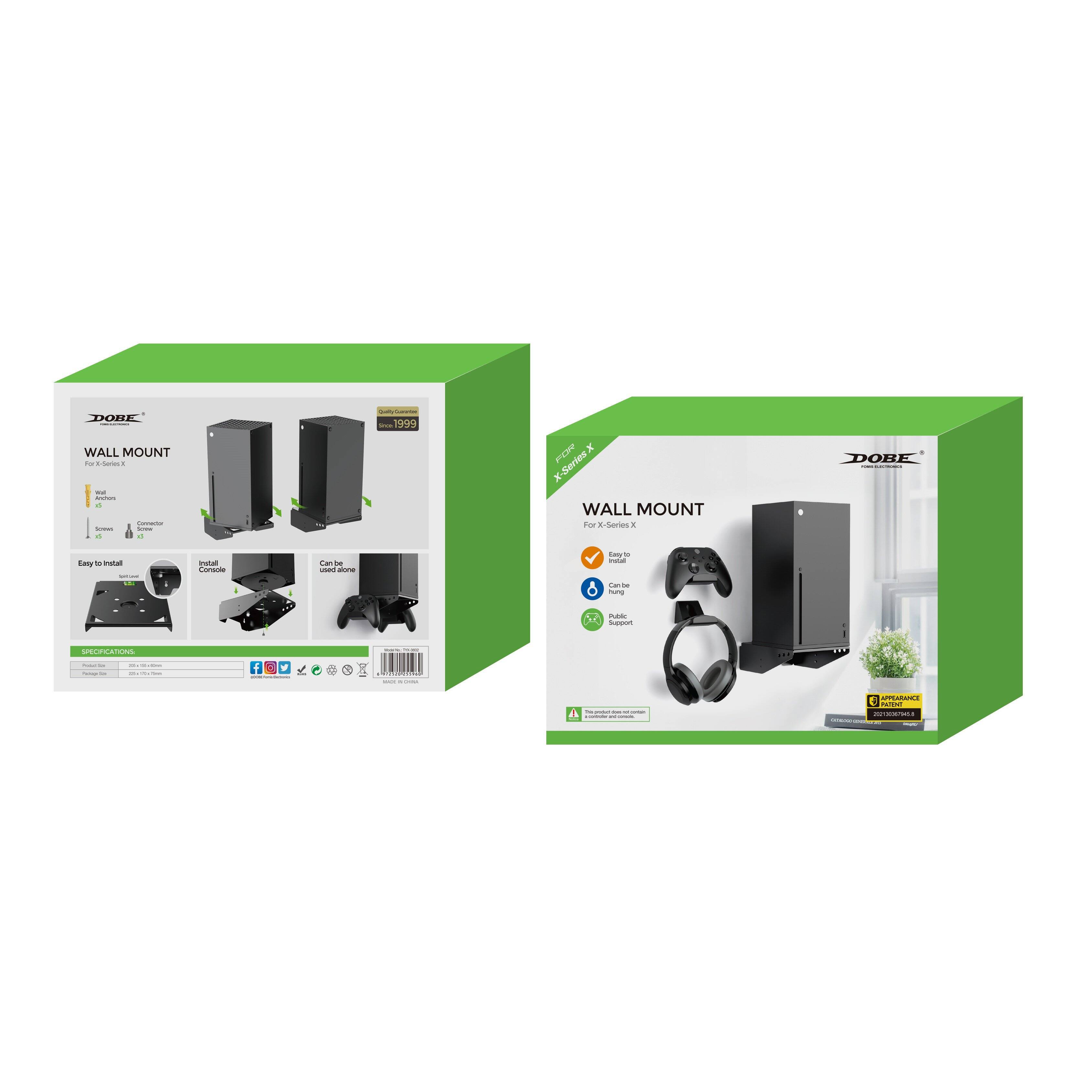 DOBE  
WALL MOUNT  
For X-Series X  

Easy to Install  
Install Console  
Can be used alone  

Specifications:  
- Weight Capacity: 15 kg  
- Dimensions: 300 x 150 x 100 mm  
- Material: Steel  

- Easy to Install  
- Can be used alone  
- X-Support  

- 3 YEAR WARRANTY  

- The product is designed to support the weight of the console and accessories.  

- Easy to Install  
- Can be used alone  
- X-Support  

- 3 YEAR WARRANTY  

- The product is designed to support the weight of the console and accessories.