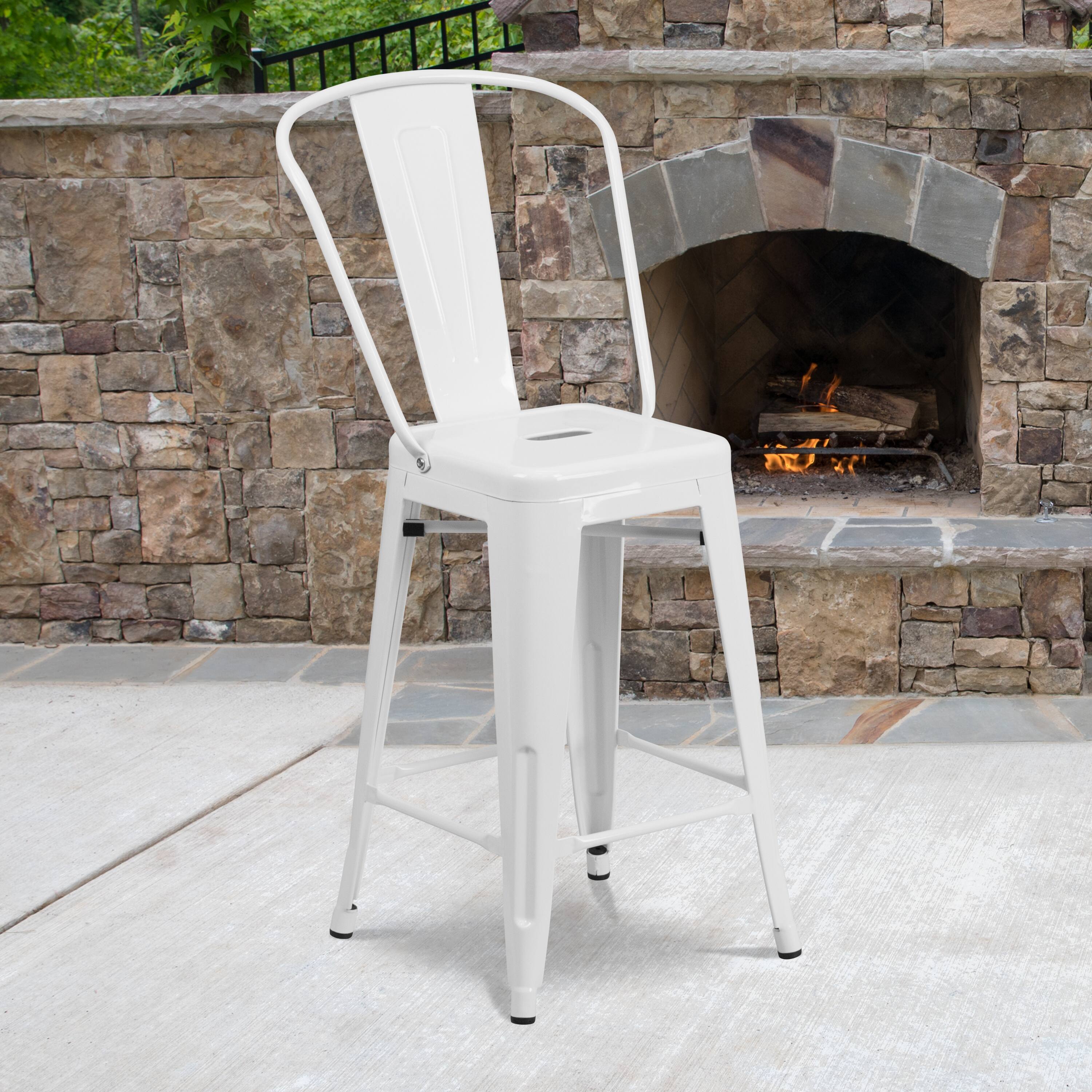 Alt View 2. Emma + Oliver - Commercial Grade 4 Pack 24" High Metal Indoor-Outdoor Counter Height Stool with Back - White.