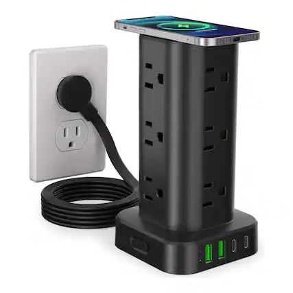 Front. Dazzed Corner - Power Strip with Wireless Charger, 6FT Extension Cord - Black.