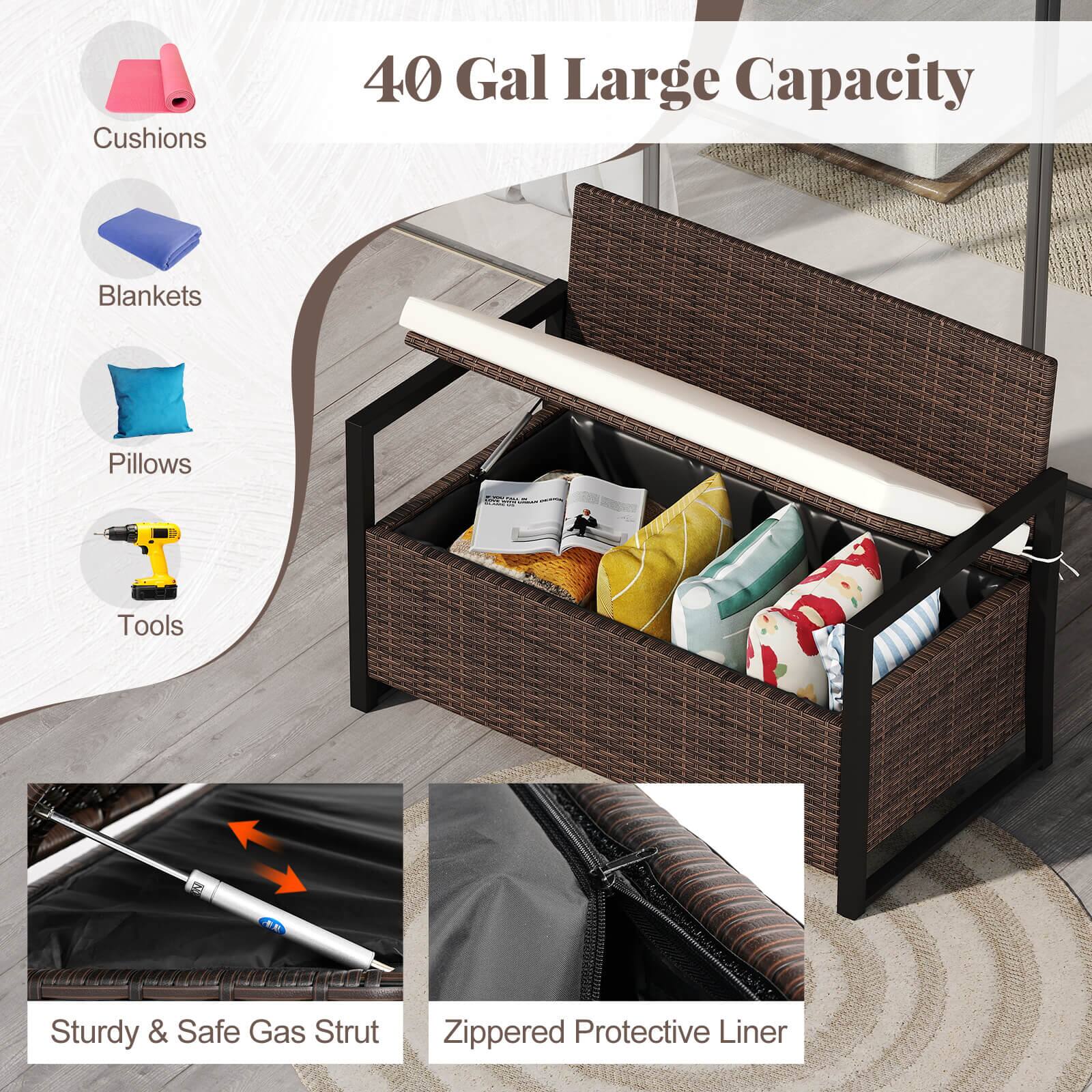 Cushions, Blankets, Pillows, Tools, Sturdy & Safe Gas Strut, Zippered Protective Liner, 40 Gal Large Capacity