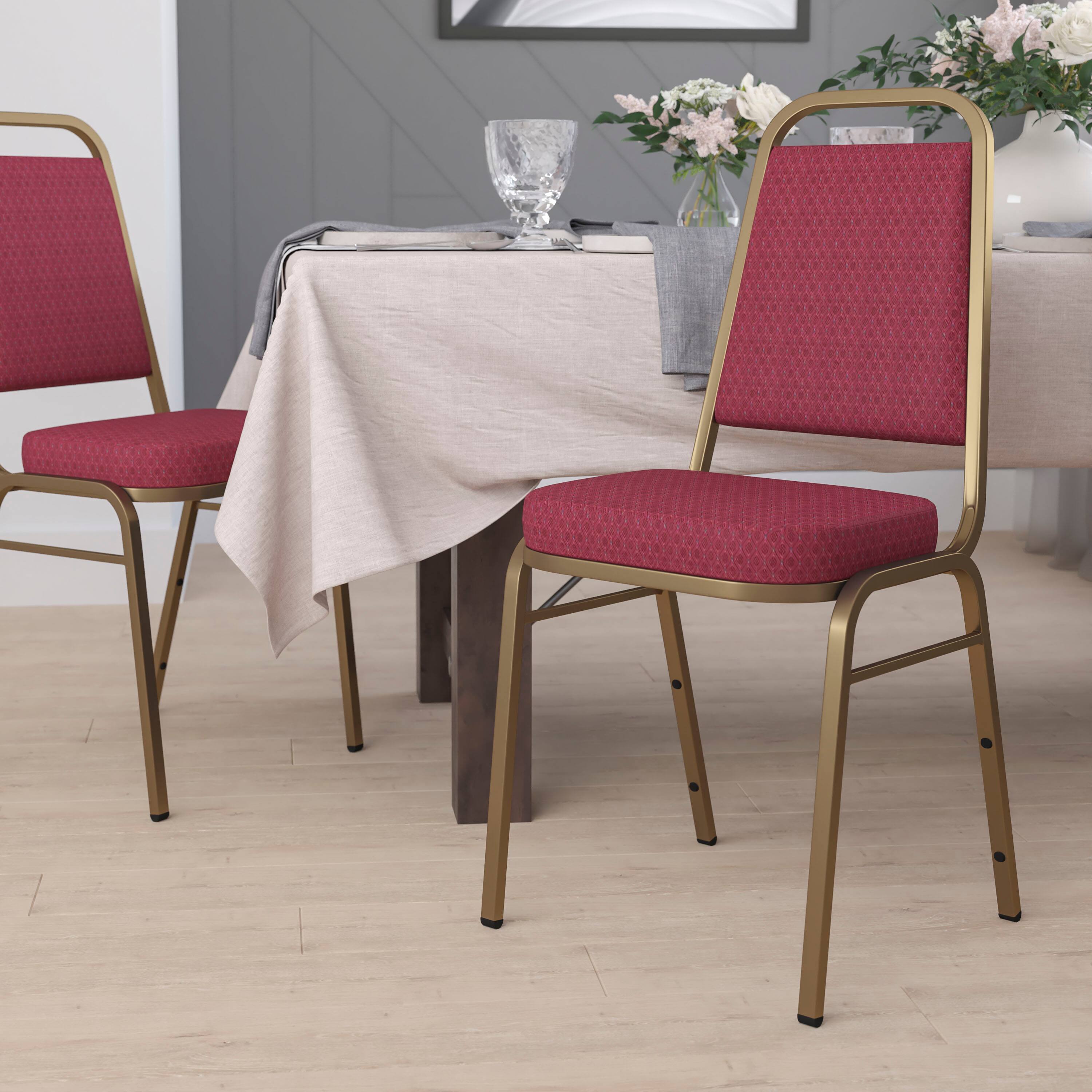 Alt View 1. Emma + Oliver - Trapezoidal Back Stacking Banquet Dining Chair - 2.5" Thick Seat - Burgundy Patterned Fabric/Gold Frame.