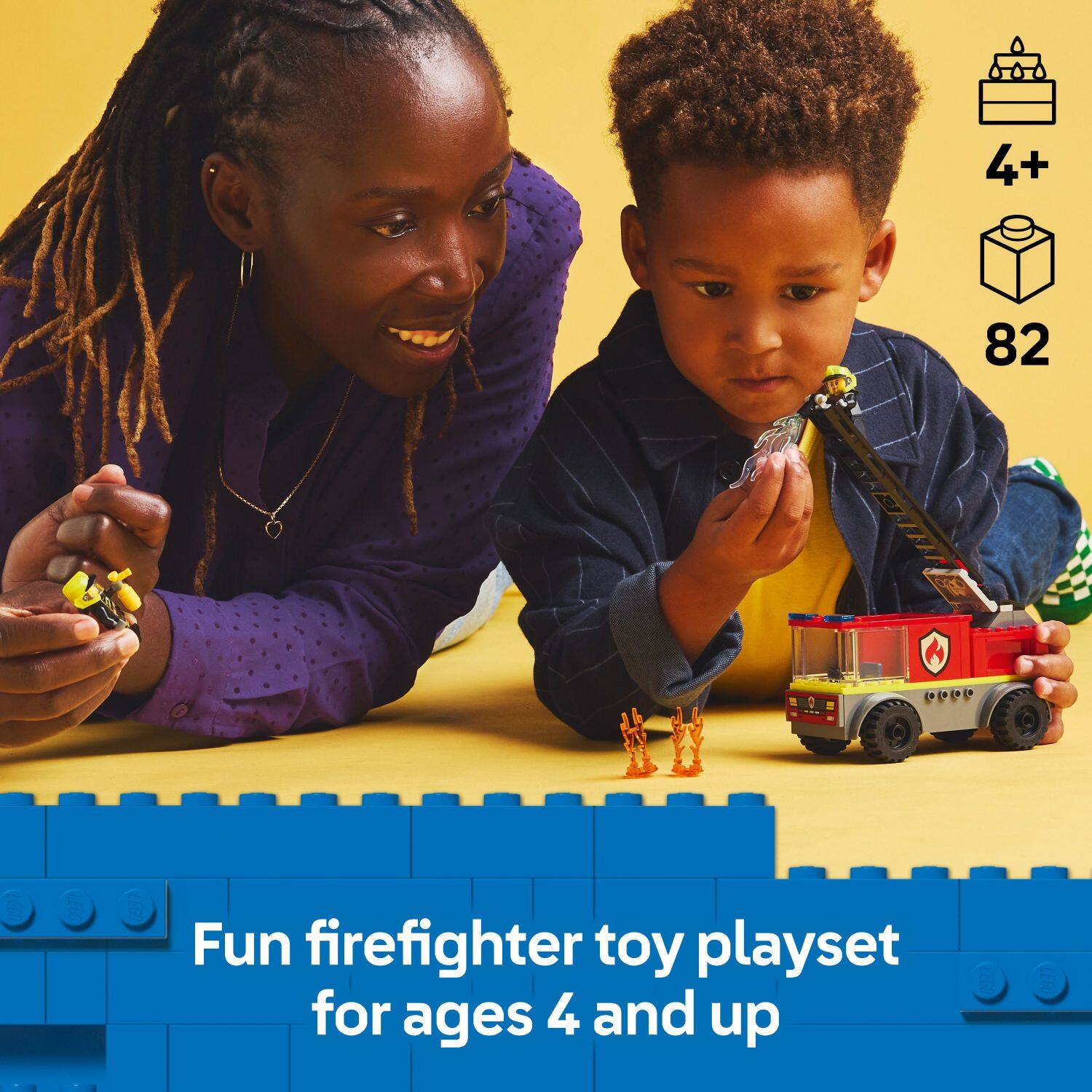 4+ 82 = 86

"Fun firefighter toy playset for ages 4 and up"
