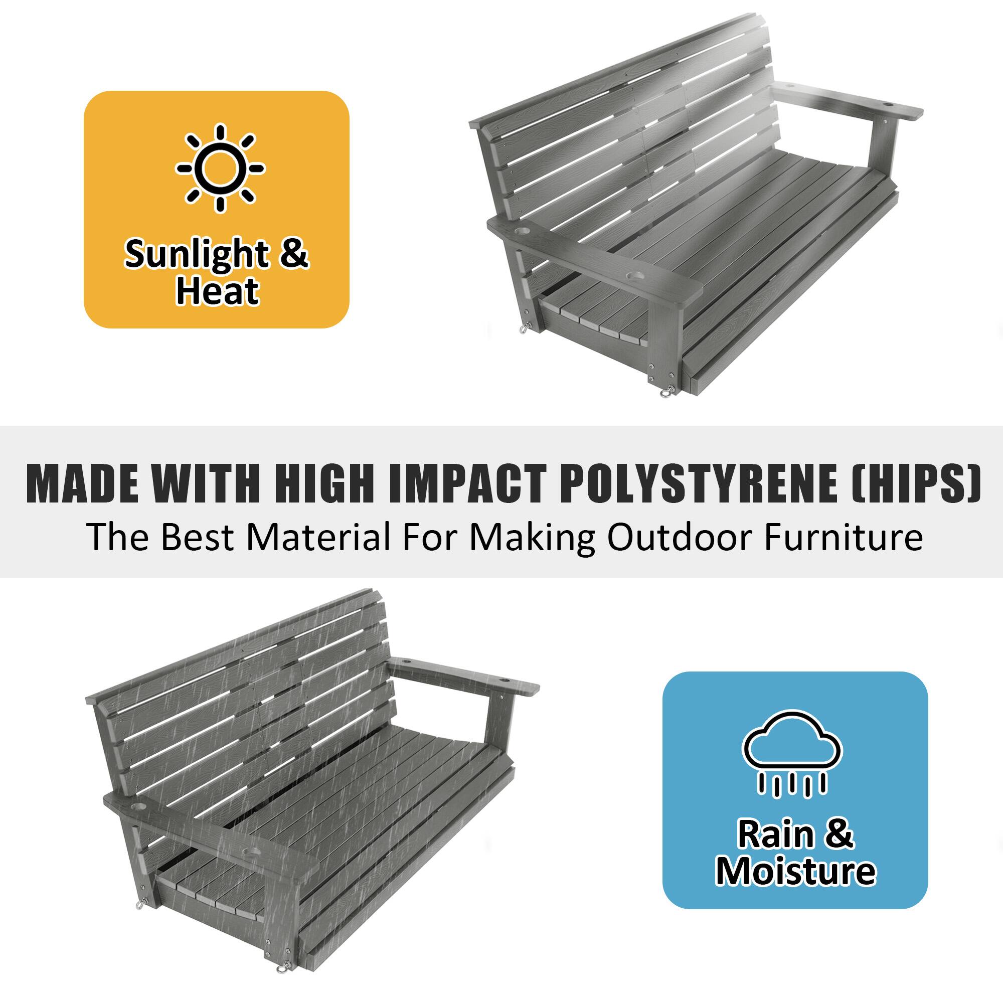 Sunlight & Heat

MADE WITH HIGH IMPACT POLYSTYRENE (HIPS)  
The Best Material For Making Outdoor Furniture

Rain & Moisture