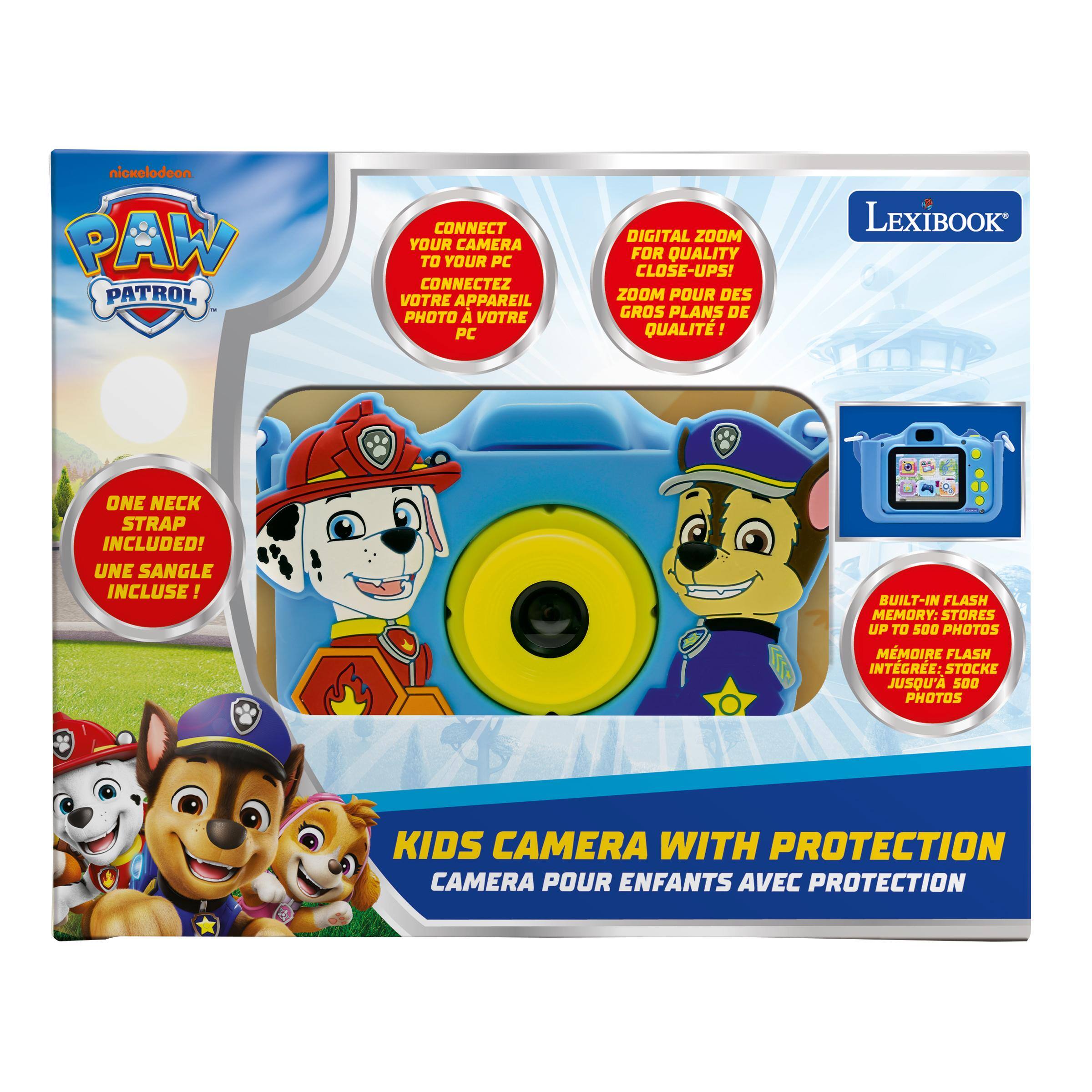 nickelodeon PAW PATROL

CONNECT YOUR CAMERA TO YOUR PC
CONNECTEZ VOTRE APPAREIL PHOTO À VOTRE PC

DIGITAL ZOOM FOR QUALITY CLOSE-UPS!
ZOOM POUR DES GROS PLANS DE QUALITÉ!

LEXIBOOK

ONE NECK STRAP INCLUDED!
UNE SANGLE INCLUSE!

BUILT-IN FLASH MEMORY: STORES UP TO 500 PHOTOS
MÉMOIRE FLASH INTÉGRÉE: STOCKE JUSQU'À 500 PHOTOS

KIDS CAMERA WITH PROTECTION
CAMERA POUR ENFANTS AVEC PROTECTION