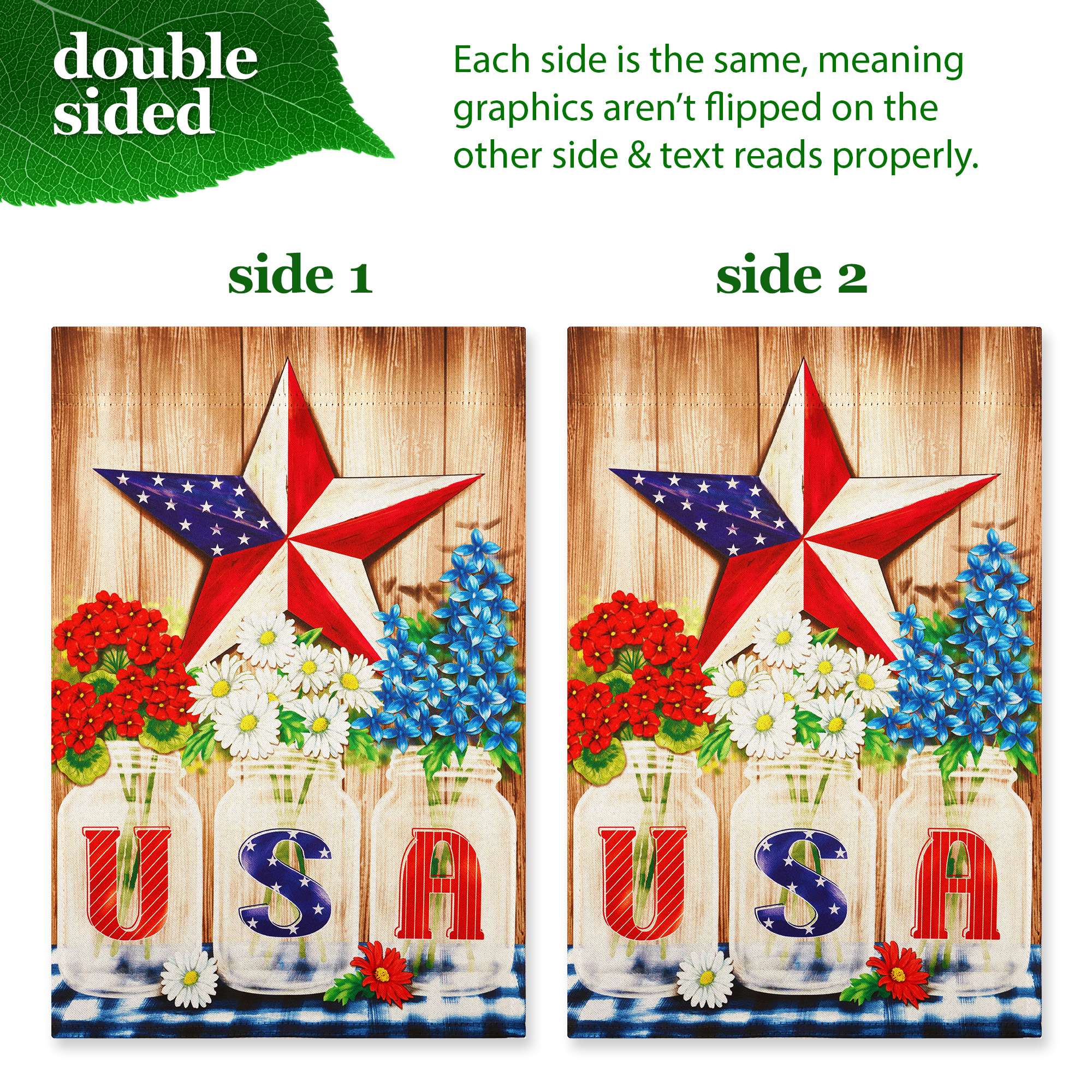 double sided

Each side is the same, meaning graphics aren't flipped on the other side & text reads properly.

side 1

side 2

U S A