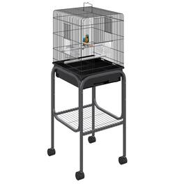 Pawhut - 45" Metal Indoor Bird Cage, Parrot Cage, Bird Aviary with Detachable Rolling Stand, Storage Basket, and Accessories