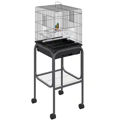 Front. Pawhut - 45" Metal Indoor Bird Cage, Parrot Cage, Bird Aviary with Detachable Rolling Stand, Storage Basket, and Accessories.