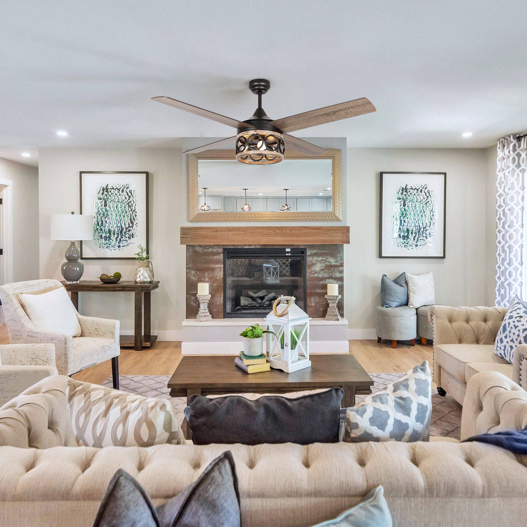 Back. Parrot Uncle - 52" Farmhouse 4-Blade Caged Ceiling Fan with Remote Control - Black.