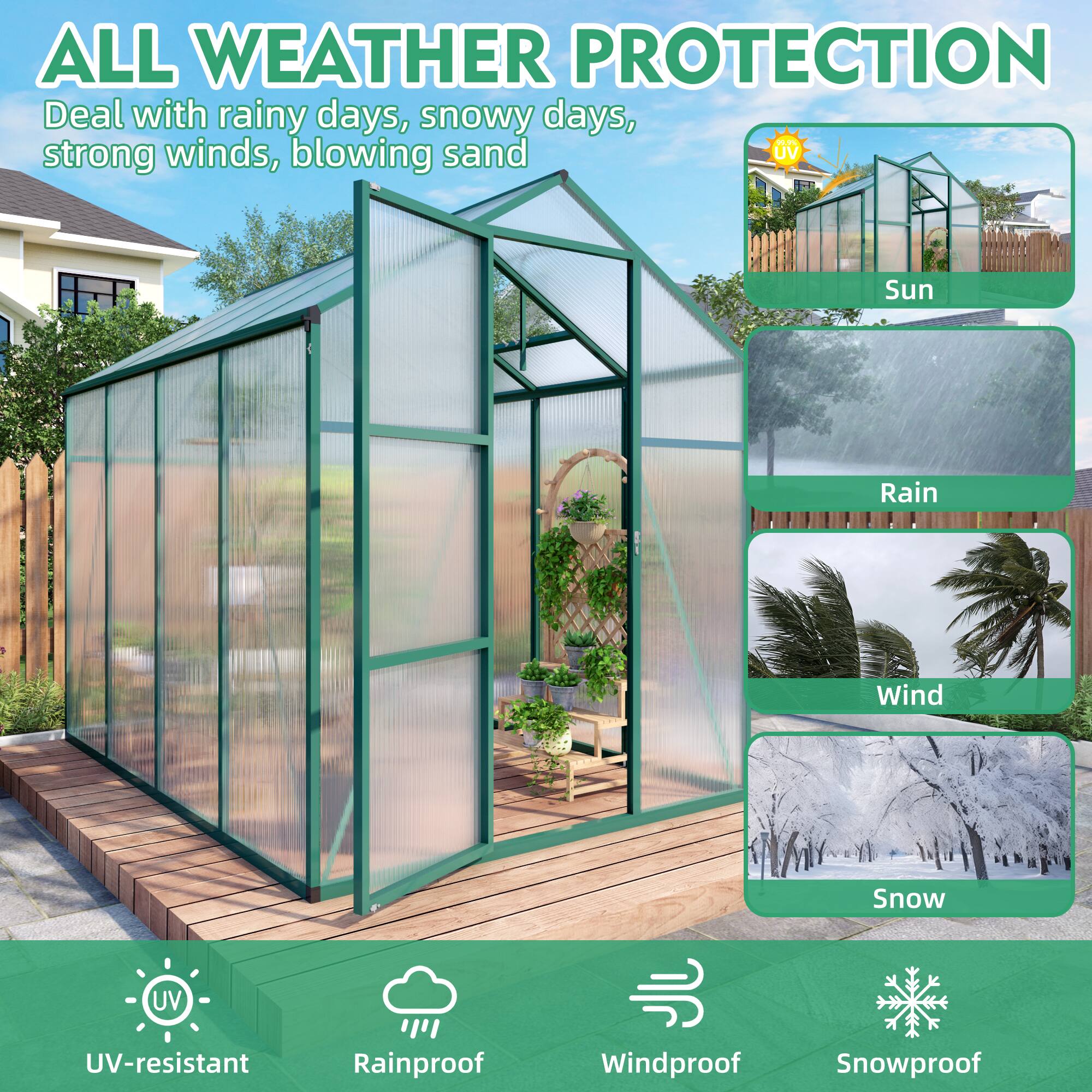 ALL WEATHER PROTECTION  
Deal with rainy days, snowy days, strong winds, blowing sand  

- Sun  
- Rain  
- Wind  
- Snow  

- UV-resistant  
- Rainproof  
- Windproof  
- Snowproof