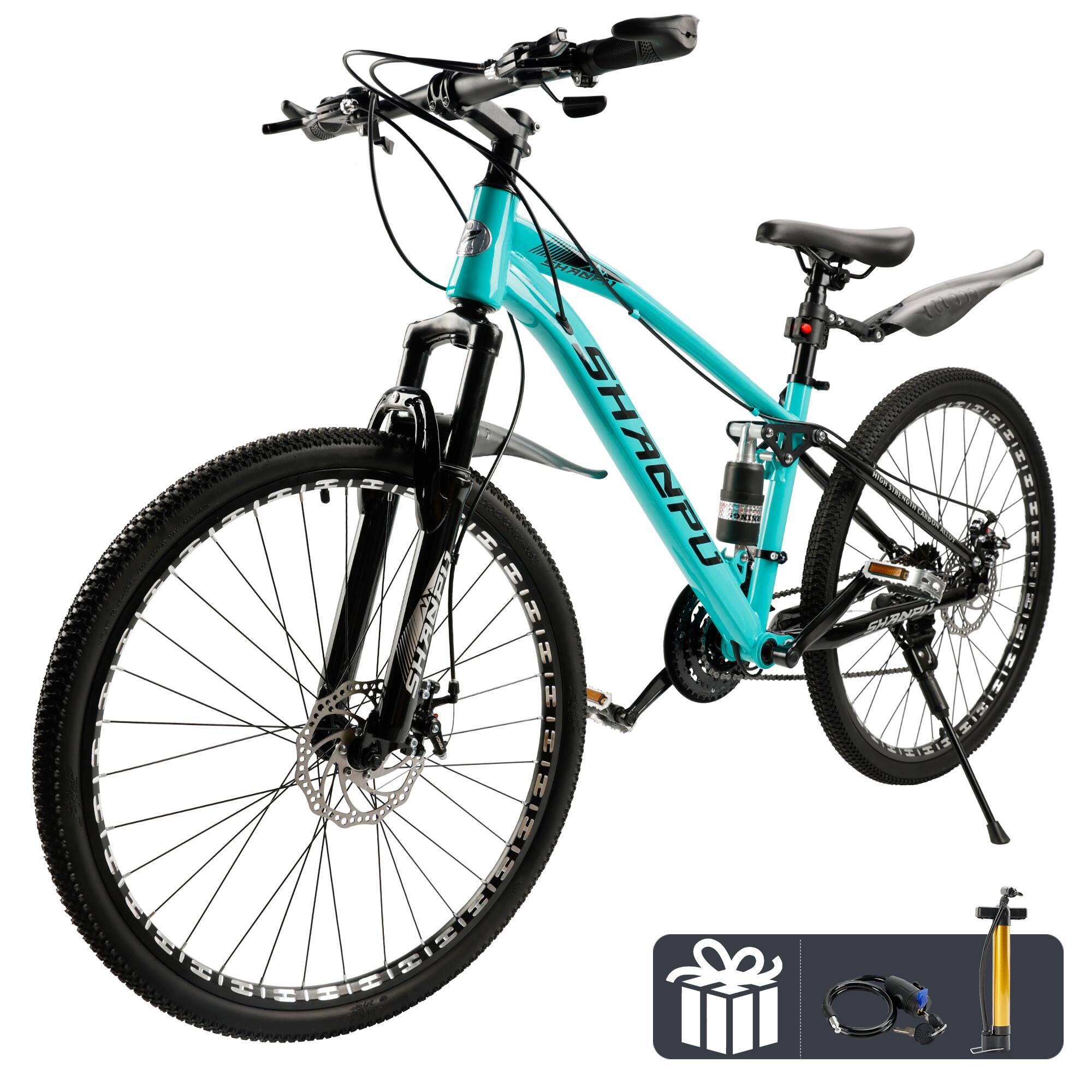 Topteng - 26 Inch Mountain Bike For Adult - Shimano 21 Speed, Full Suspension, Dual Disc Brake Bicycle for Men/Womens - Green