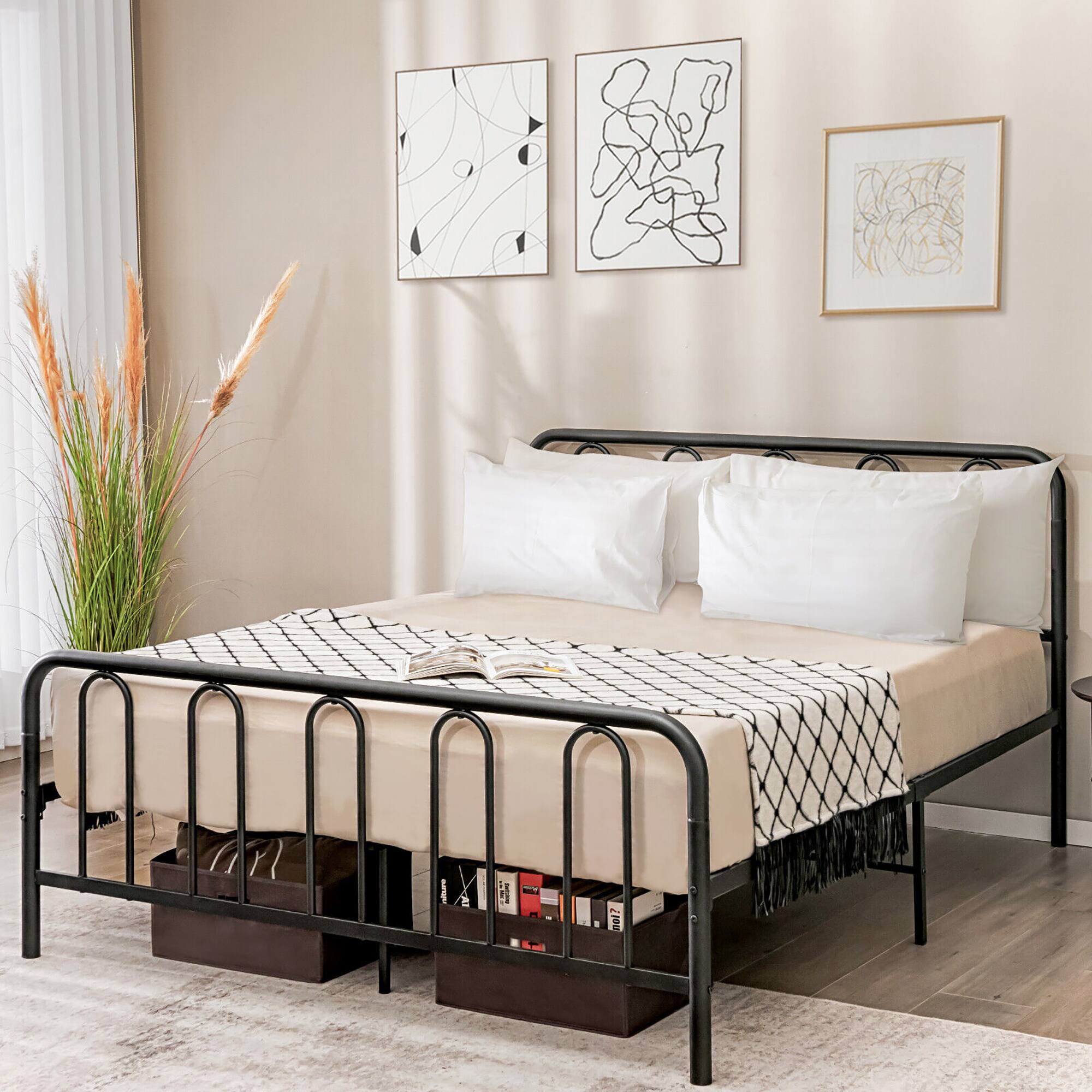 Alt View 1. Costway - Costway Stylish Queen Size Metal Bed Frame Platform Bed Base w/ Headboard & Footboard - Black.