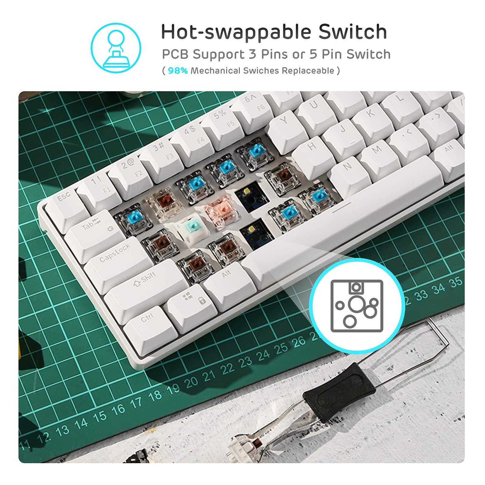 Hot-swappable Switch  
PCB Support 3 Pins or 5 Pin Switch  
(98% Mechanical Switches Replaceable)  

Esc 1! F1 2@ F2 3# F3 4$ F4 5% F5 6 F6 t Y U H J N K M L  
Alt I Tab CapsLock Shift Alt Ctrl  

26 2 24 25 22 23 20 21 18 19 16 17 14 15 12 13 11 34 35 2 33