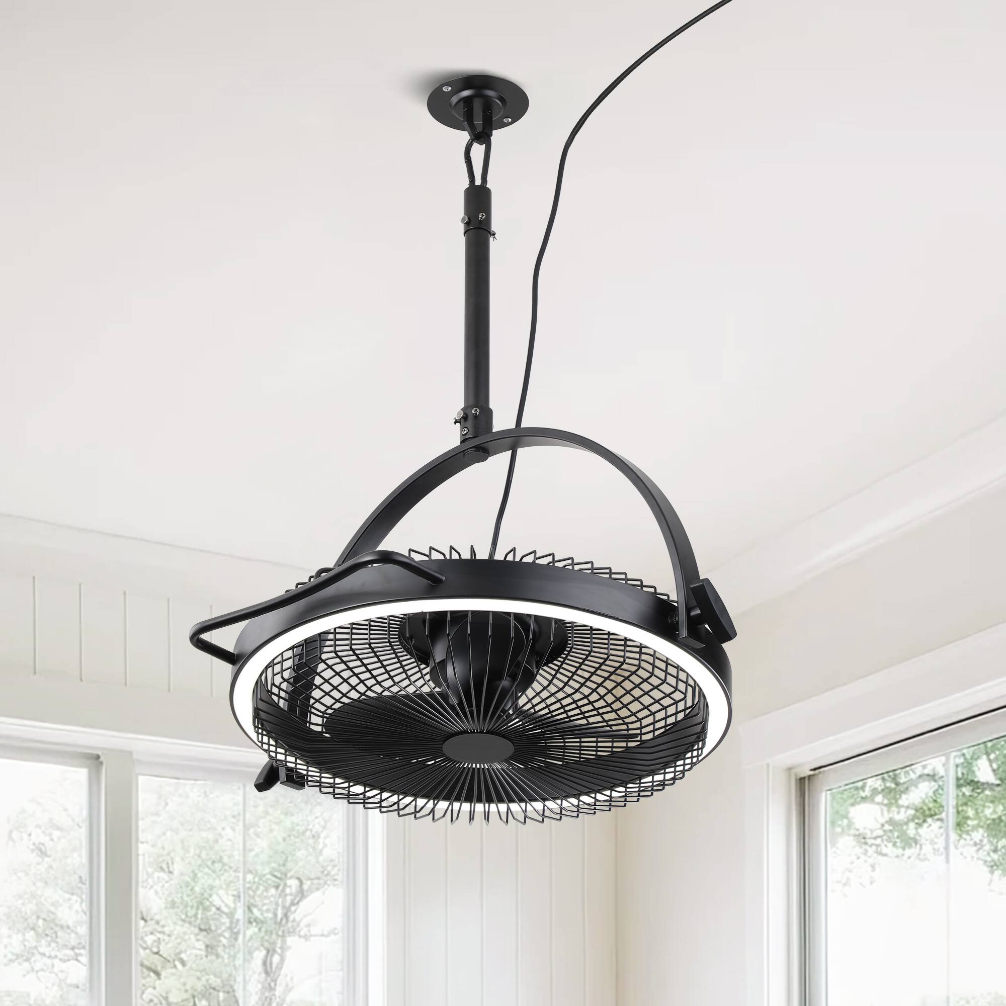 Alt View 1. Parrot Uncle - 20” Matte Black  Industrial Dual Hanging Rotatable LED Ceiling Fan with Remote, Plug Installation - Matte Black.