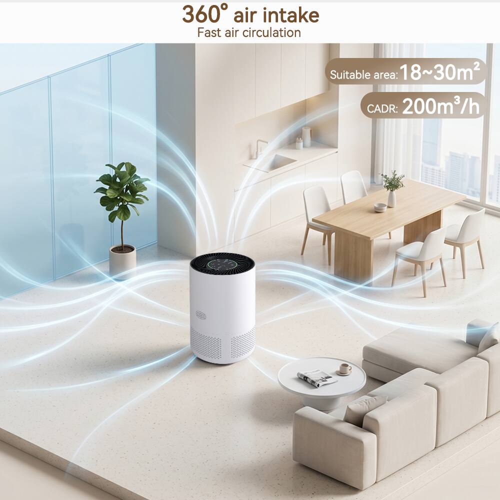 360° air intake  
Fast air circulation  
Suitable area: 18~30m²  
CADR: 200m³/h