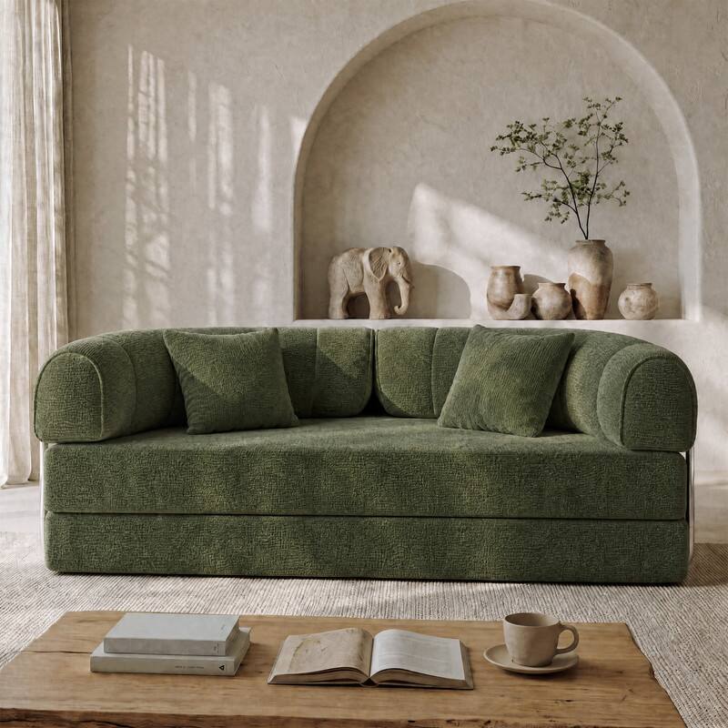 Left. Vipbear - 78.8" Round Boneless Couch, Convertible Loveseat Sleeper Sofa Bed for Small Spaces, Apartment, Dorm - green.