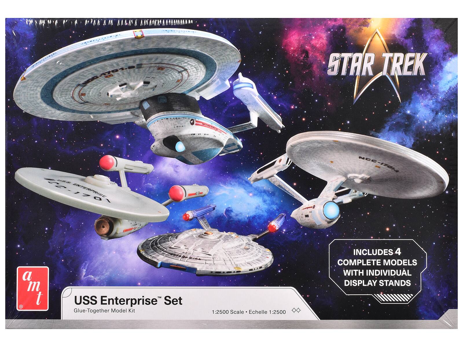 Sure, here is the corrected and grouped text from the image:
---
**STAR TREK**
**USS Enterprise™ Set**
- **Glue-Together Model Kit**
- **1:2500 Scale • Échelle 1:2500**
**INCLUDES 4 COMPLETE MODELS WITH INDIVIDUAL DISPLAY STANDS**
---
**a m t**
---
**USS Enterprise™**
**NCC-1701**
**NCC-1701**
**NCC-1701**
**NCC-1701**
---