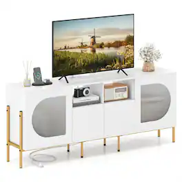 Pefilos - 70" TV Stand with Built-in Charging Station, Drawers & Open Storage Shelves, TV Cabinet - White