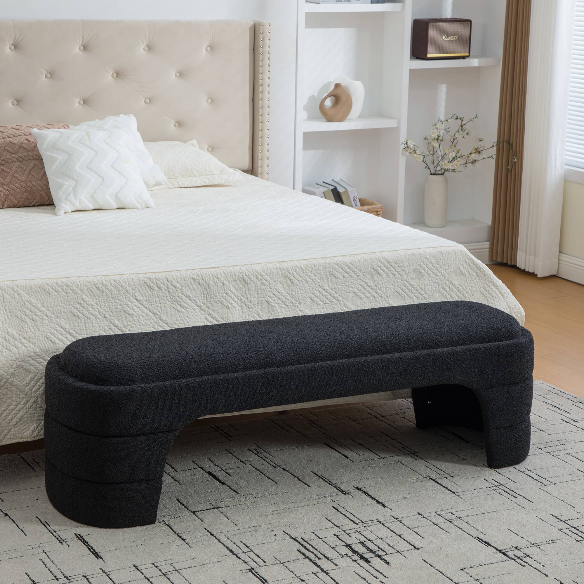 Angle. Ropilly - 65 Inch Modern Upholstered End of Bed Bench, Black Boucle Armless Entryway Bench, Chenille Ottoman Foot Stool - Black.