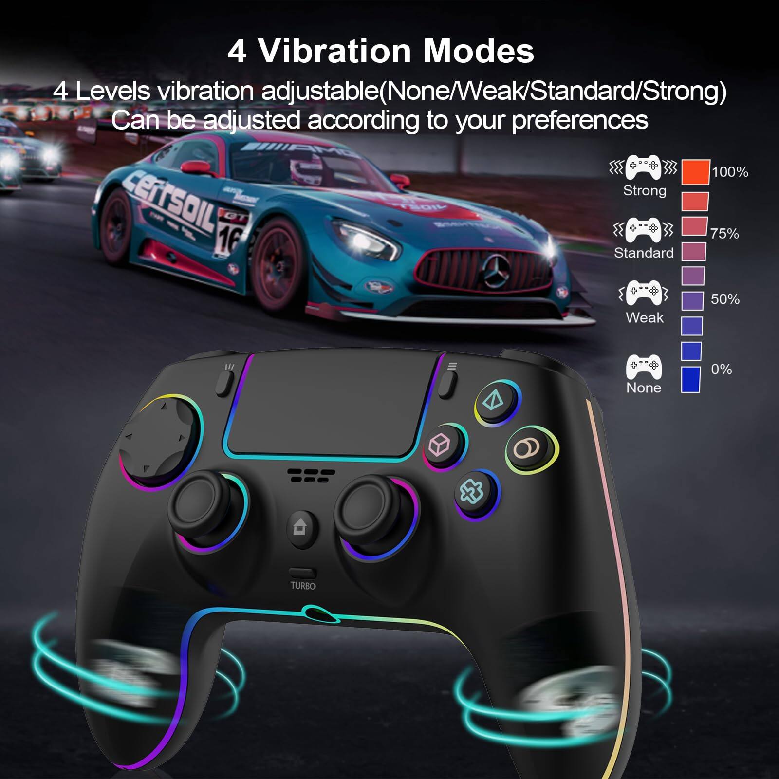 4 Vibration Modes

4 Levels vibration adjustable (None/Weak/Standard/Strong)  
Can be adjusted according to your preferences

- Strong: 100%
- Standard: 75%
- Weak: 50%
- None: 0%