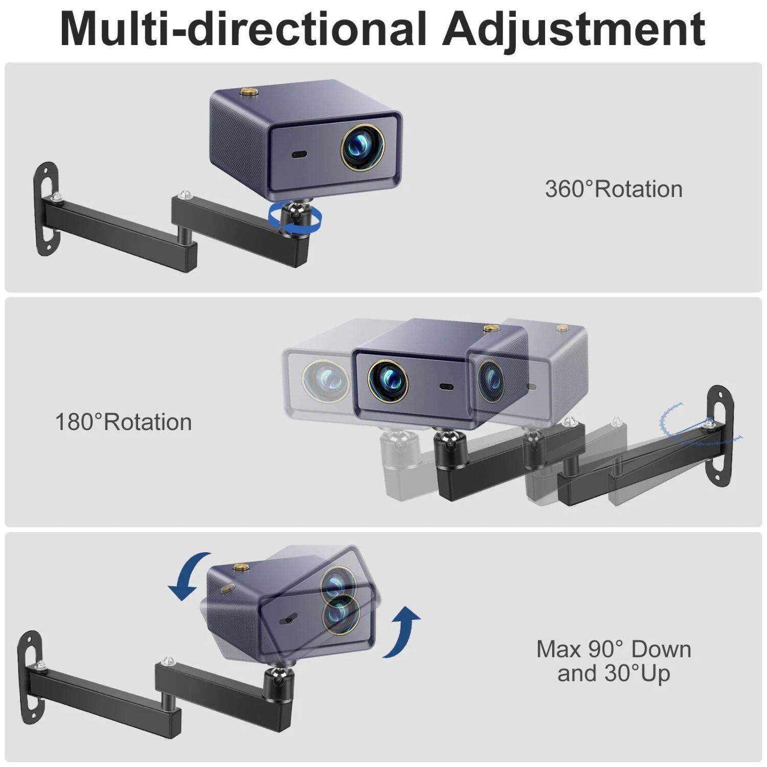 Multi-directional Adjustment

360° Rotation
180° Rotation
Max 90° Down and 30° Up