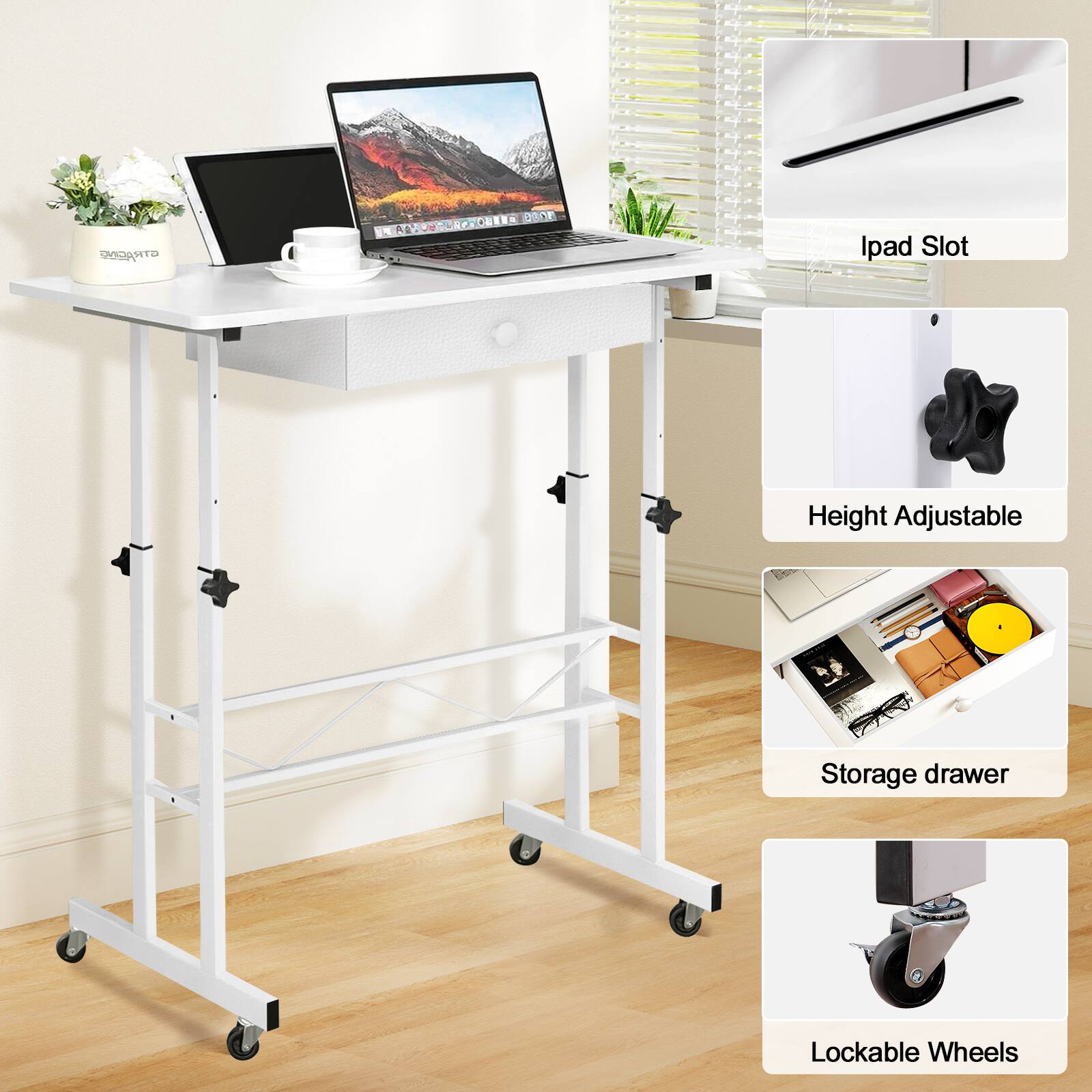The text on the image reads: "Height Adjustable Ipad Slot Lockable Wheels Storage Drawer."