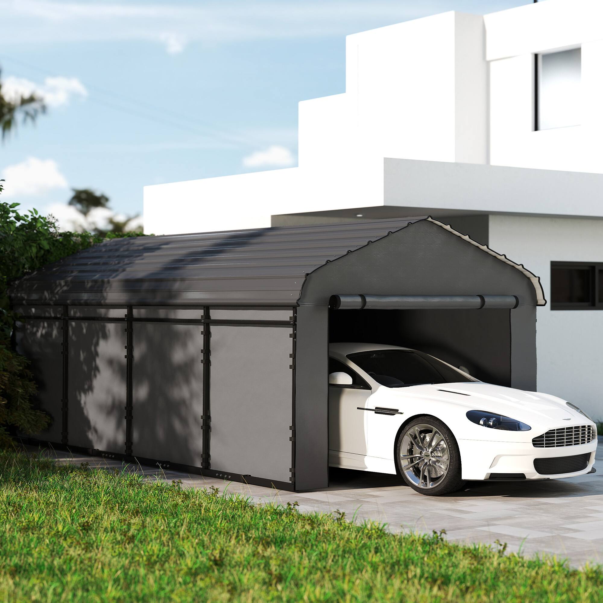 Alt View 1. Outsunny - x 20' Metal Carport, Heavy Duty Garage Car Canopy with Galvanized Metal Roof and Removable Sidewalls - Dark Gray.
