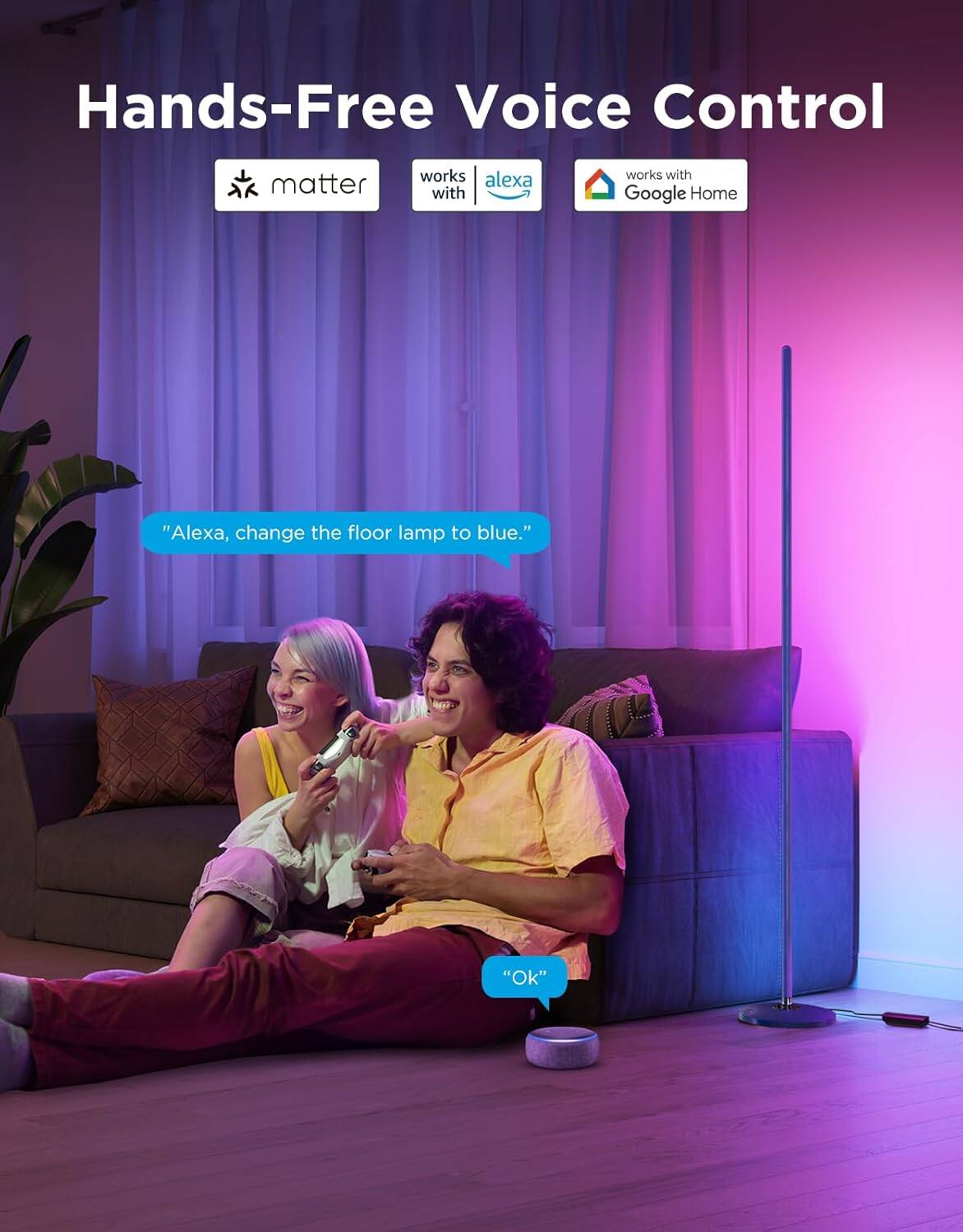 Hands-Free Voice Control

matter works with

Alexa

works with Google Home

"Alexa, change the floor lamp to blue."

"Ok"
