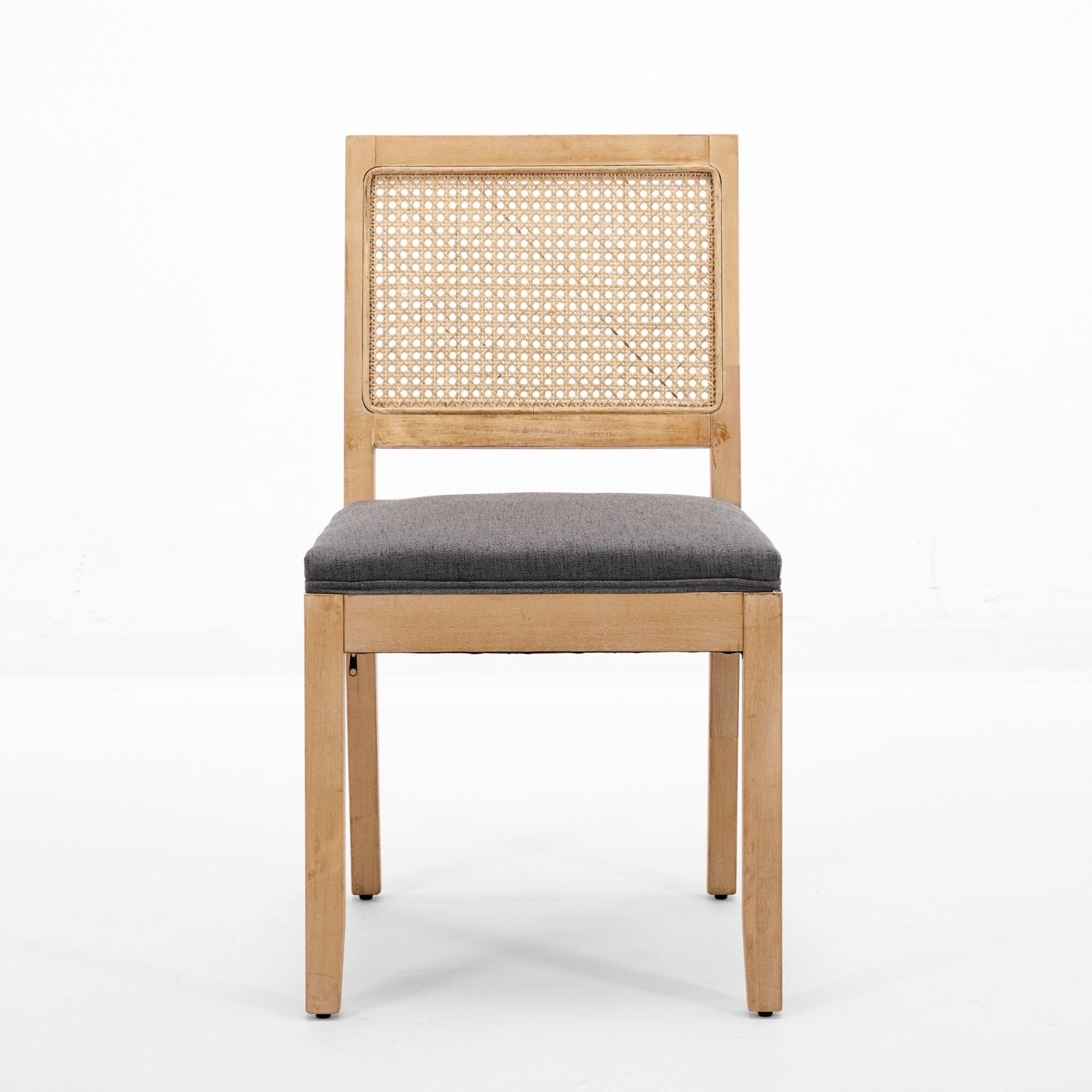 Angle. GOODSILO - Set of 2 Modern Farmhouse Dining Chairs with Rattan Backrest and Linen Upholstery for Kitchen and Dining Room - Gray.