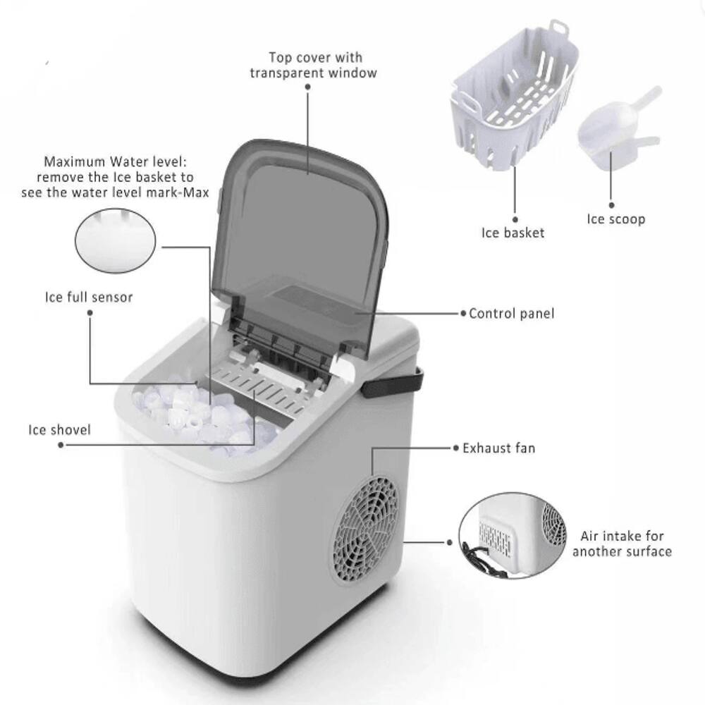 Top cover with transparent window  
Maximum Water level: remove the Ice basket to see the water level mark-Max  
Ice basket  
Ice scoop  
Ice full sensor  
Control panel  
Ice shovel  
Exhaust fan  
Air intake for another surface
