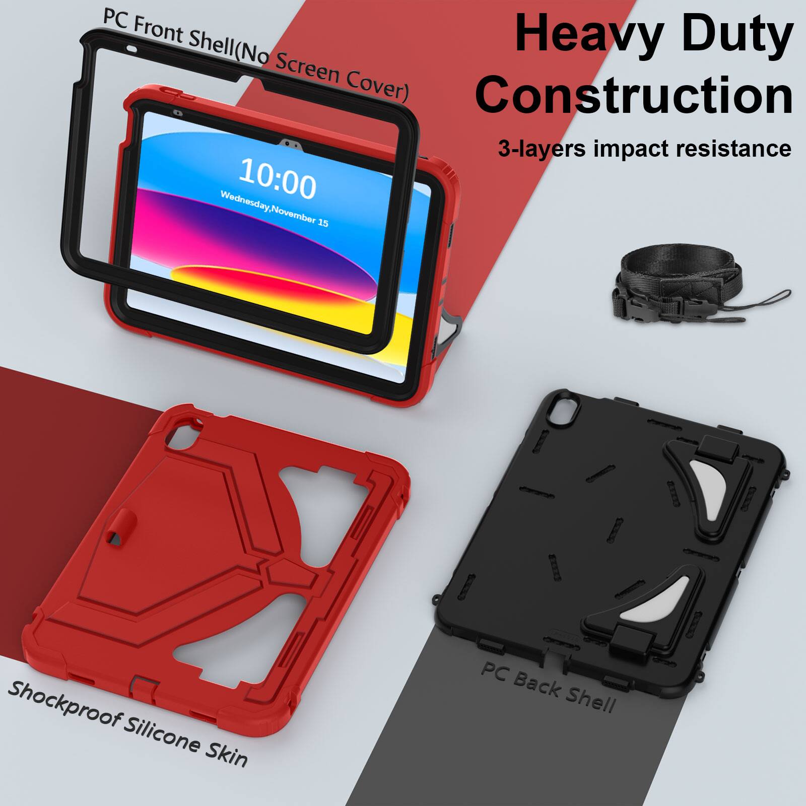 PC Front Shell (No Screen Cover)  
Heavy Duty Construction  
3-layers impact resistance  
Shockproof Silicone Skin  
PC Back Shell