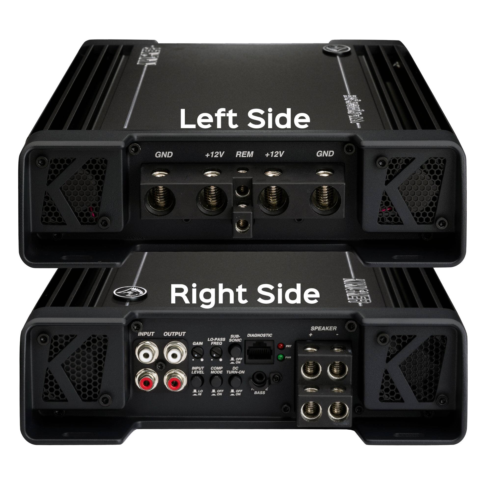Left Side
GND
+12V REM +12V
GND

Right Side
KICKER
SPEAKER
INPUT OUTPUT
SUB-
DIAGNOSTIC
+ LO-PASS
SONIC
GAIN
FREQ
PAT
J. OFF ON
INPUT COMP
DC LEVEL
MODE
TURN-ON
PAT
LO
IL OFF ON
1 OFF ON
BASS