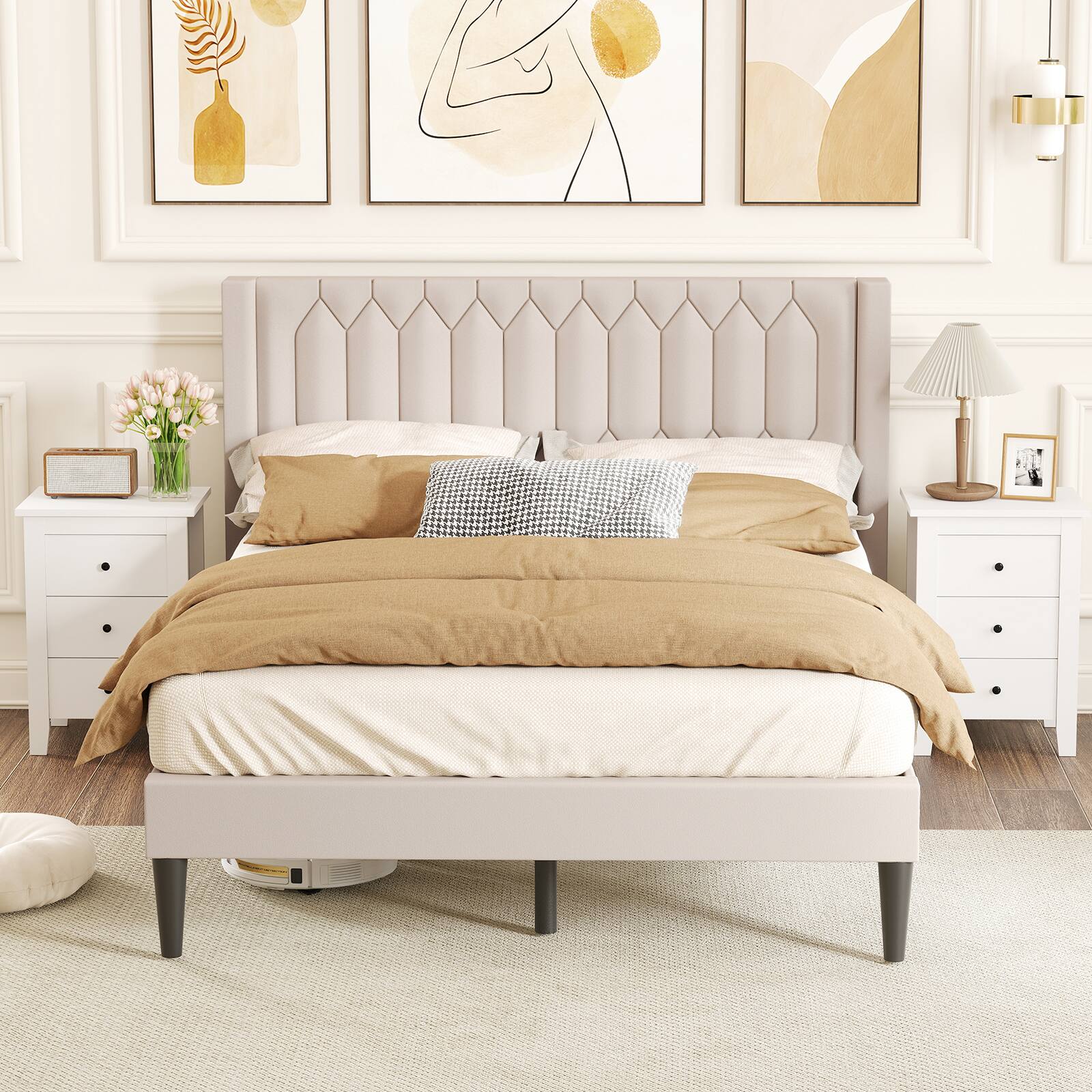 Alt View 5. Gymax - Gymax Queen Size Bed Frame Dutch Velvet Upholstered Platform Bed w/Wingback Headboard Beige - Beige.