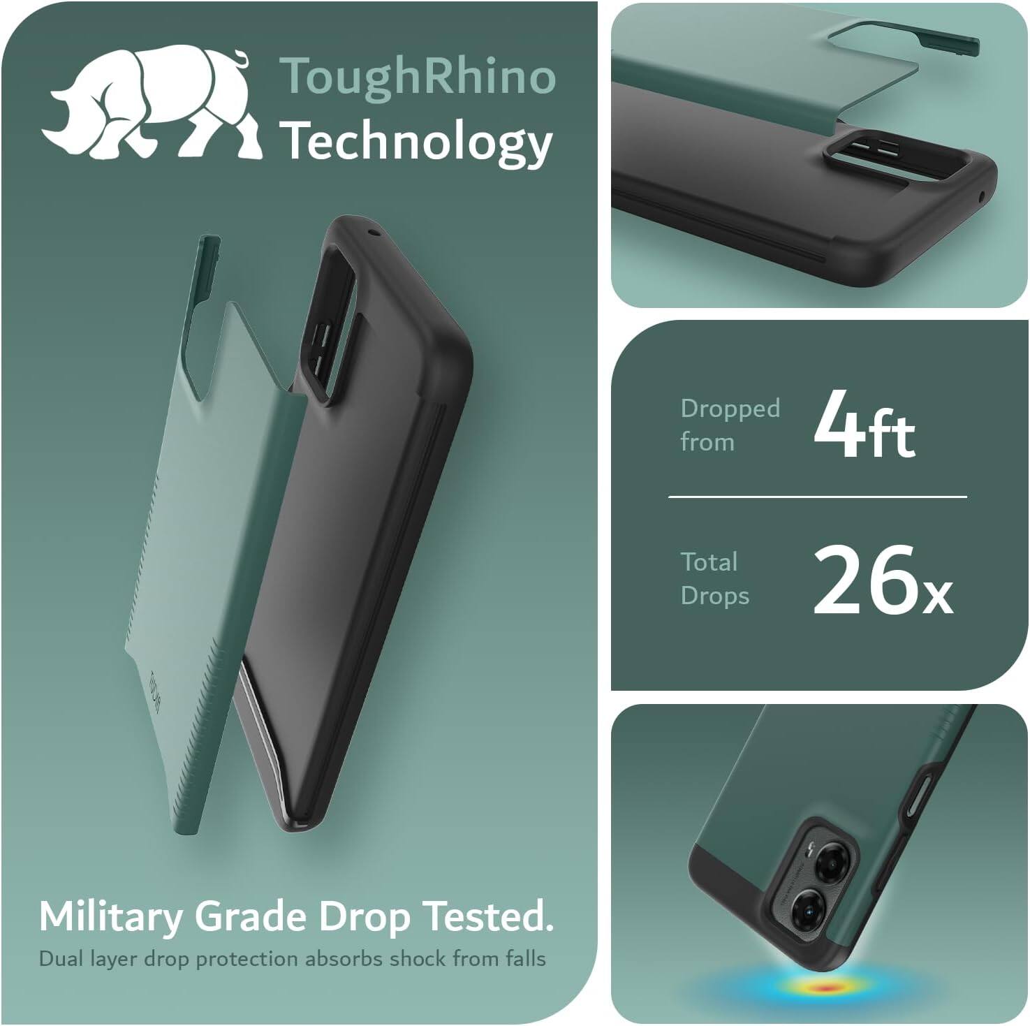 ToughRhino Technology

Dropped from 4ft  
Total Drops 26x

Military Grade Drop Tested.  
Dual layer drop protection absorbs shock from falls