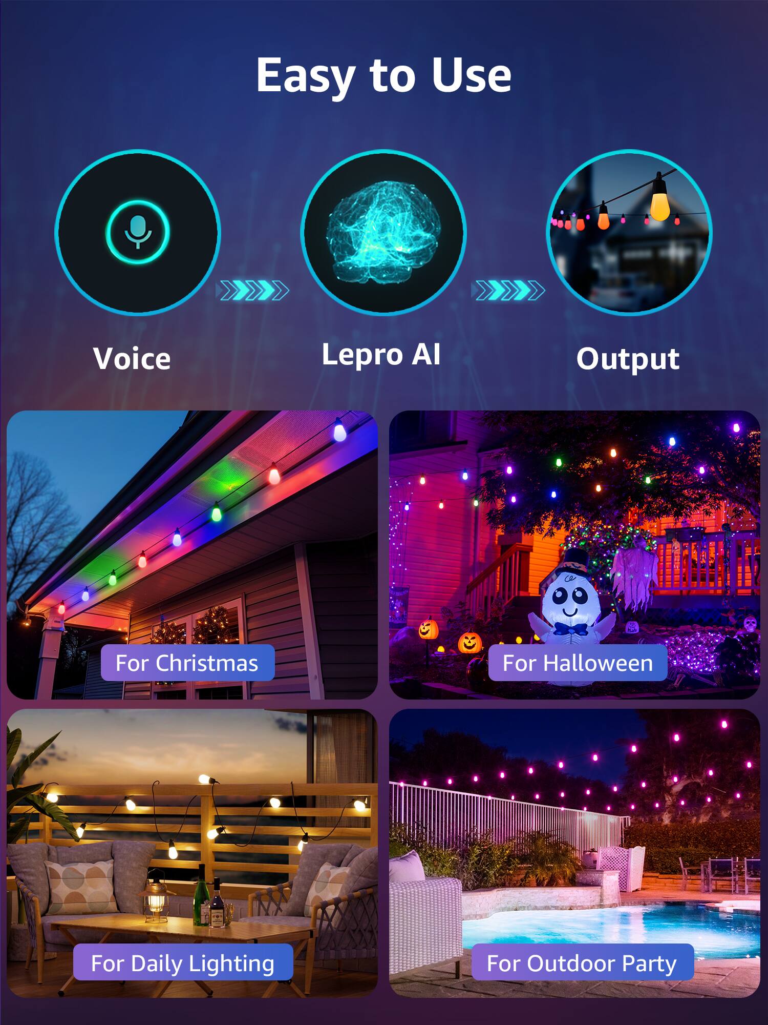 Easy to Use

Voice Lepro AI Output

For Christmas

For Halloween

For Daily Lighting

For Outdoor Party