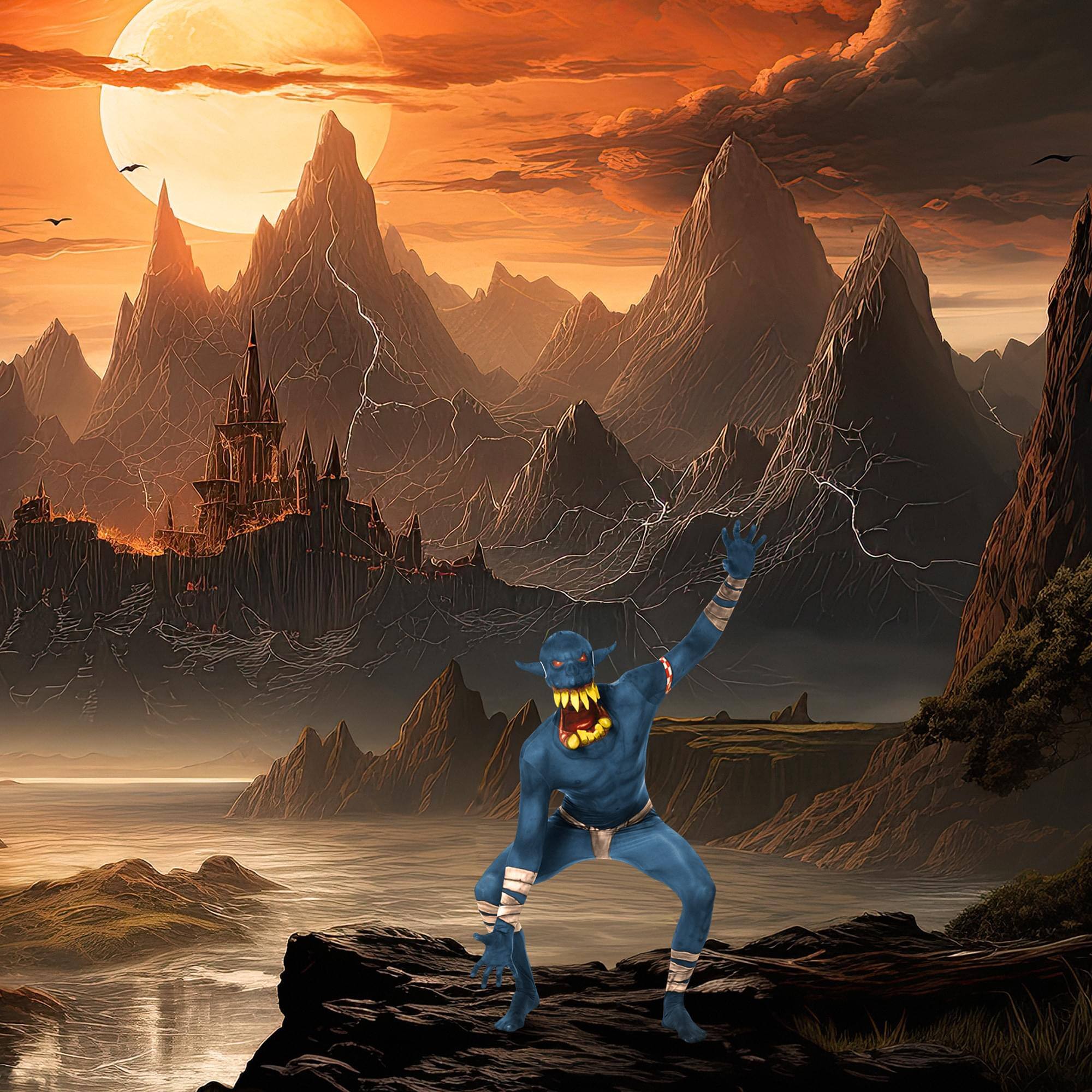 Alt View 4. Loftus International - Blue Orc Jaw Dropper Adult Costume Morphsuit | Medium - Blue.