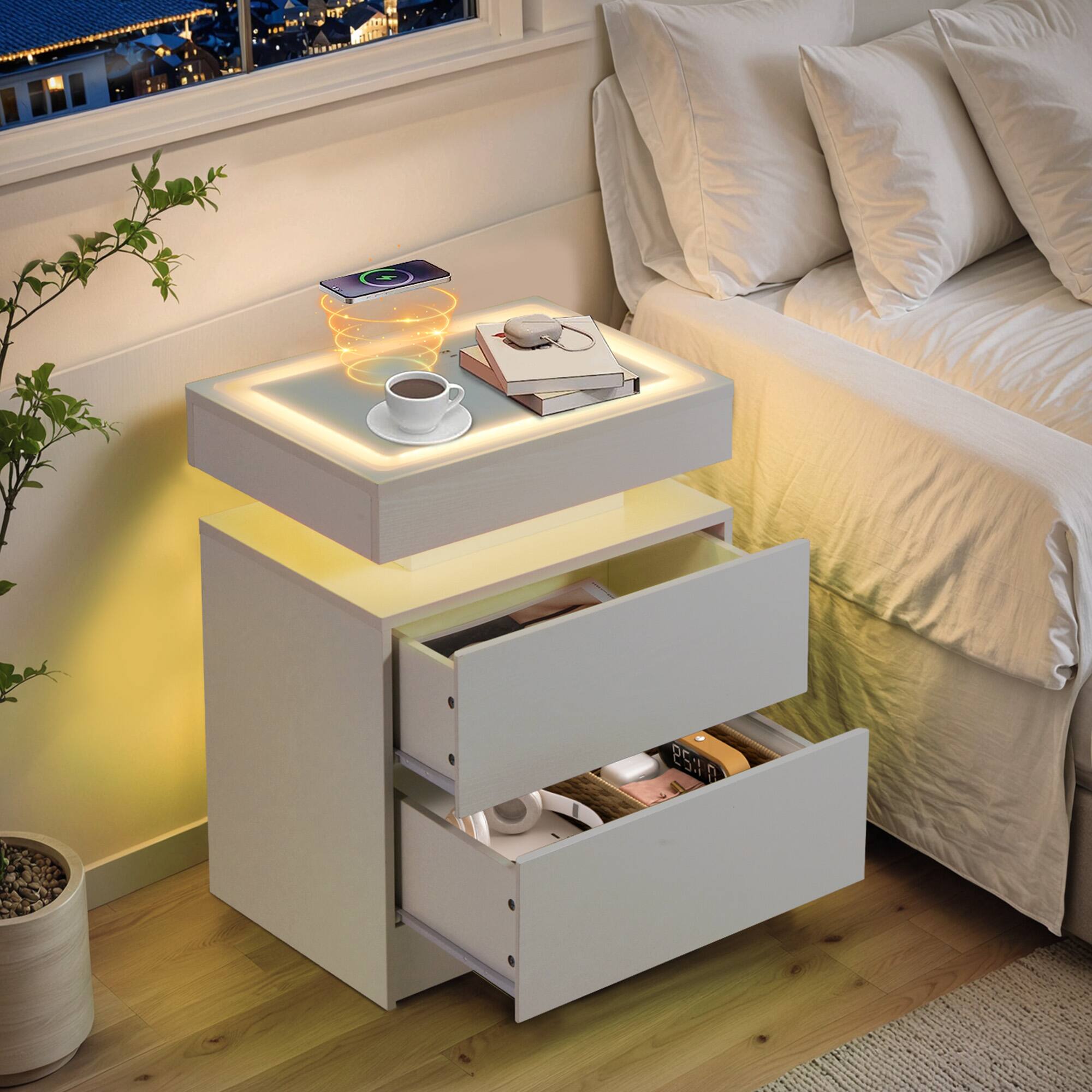 Alt View 5. U-HOMY - LED Nightstand with Wireless Charging Station, Floating Bedside Table with RGB Lights, USB Ports, and Storage Drawers - White.