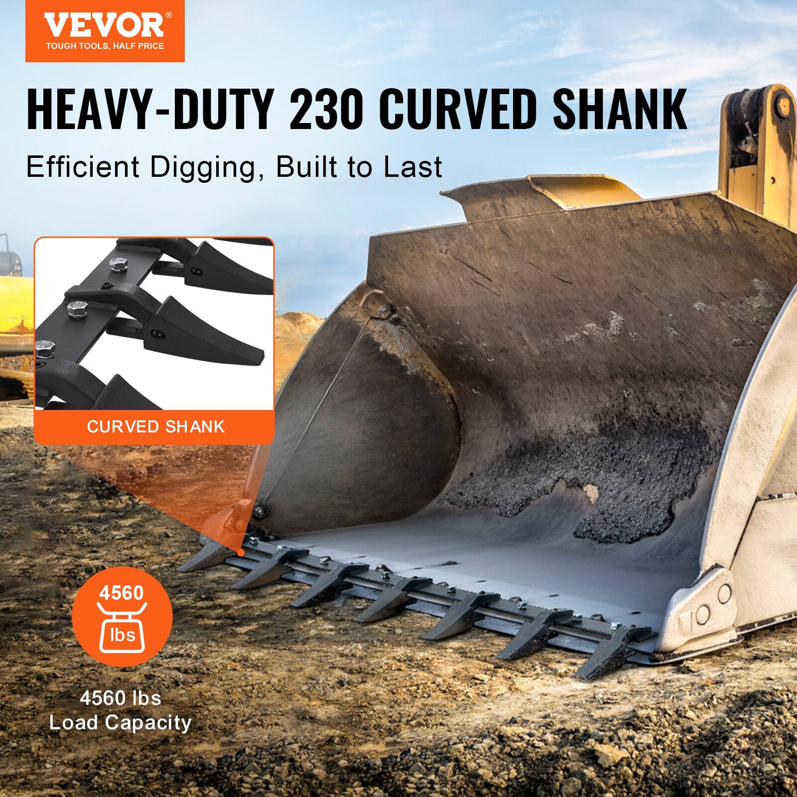 VEVOR  
TOUGH TOOLS, HALF PRICE  

HEAVY-DUTY 230 CURVED SHANK  
Efficient Digging, Built to Last  

CURVED SHANK  

4560 lbs  
Load Capacity