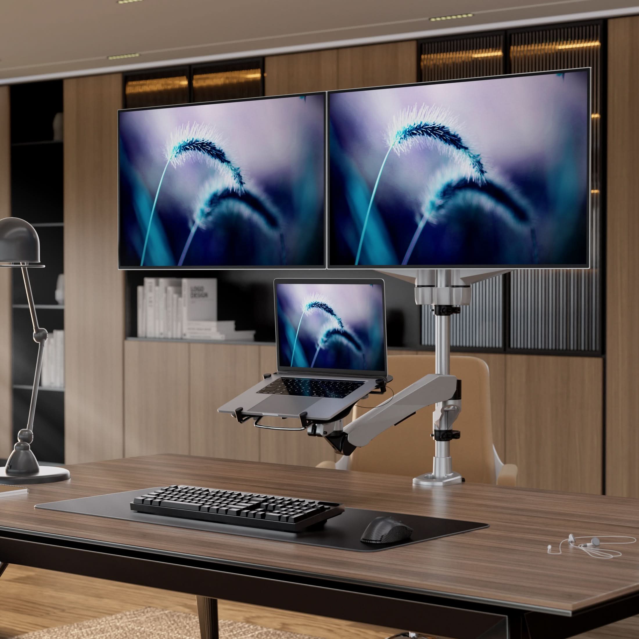 Alt View 1. Mount-It! - CLiX Series Full Motion Dual Monitor + Laptop Mount with Cooling Fan Adjustable Arms for 13"–32" Monitors - Silver.