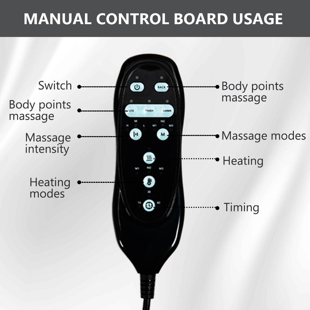 MANUAL CONTROL BOARD USAGE

- Switch
- Body points massage
- Massage intensity
- Heating modes

- Body points massage
- Massage modes
- Heating
- Timing