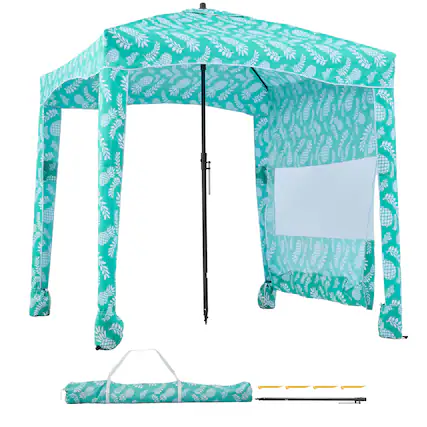 Front. VEVOR - Beach Cabana, 6 x 6 ft Beach Canopy with Side Wall, UPF 50+ Protection Easy Setup Cabana Tent with Sand Pockets - Light green patterned.