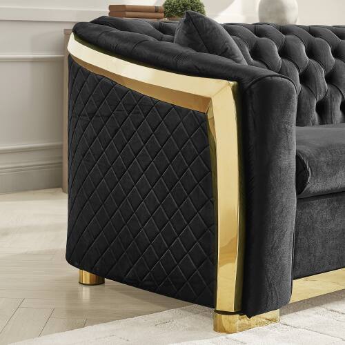 Alt View 1. Anysun - 84" 3-Seat Velvet Chesterfield Sofa - Button Tufted, Gold Stainless Steel Trim, Mid-Century Modern with 2 Pillows - Black.