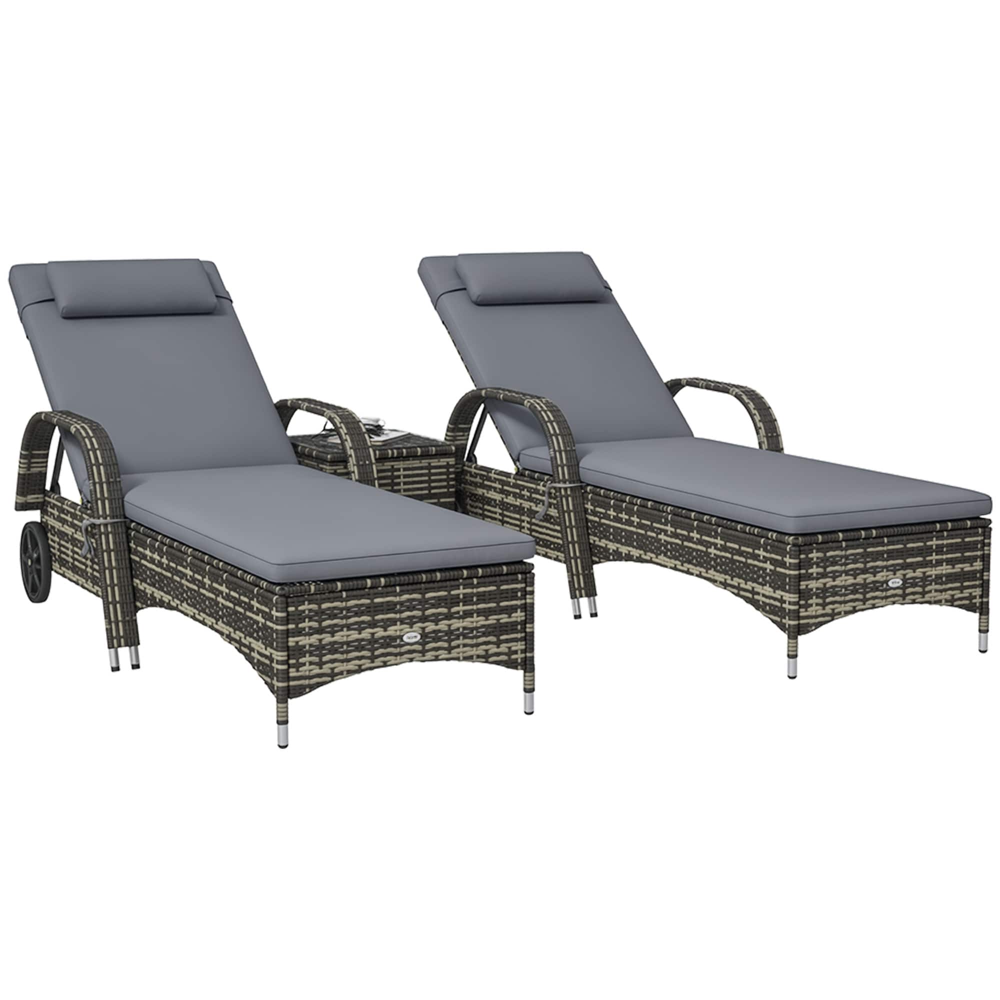 Outsunny - Wicker Chaise Lounge Chair Set of 2 with Table, Adjustable Backrest, Wheels - Gray