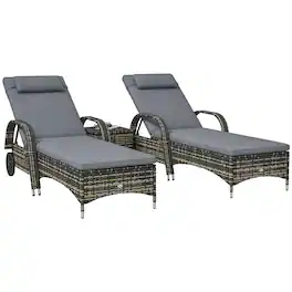 Outsunny - Wicker Chaise Lounge Chair Set of 2 with Table, Adjustable Backrest, Wheels - Gray