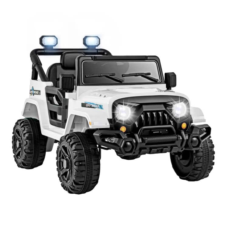 SlickBlue - 12V Battery Ride-On Truck for Kids with Remote and All-Terrain Threaded Wheels - White