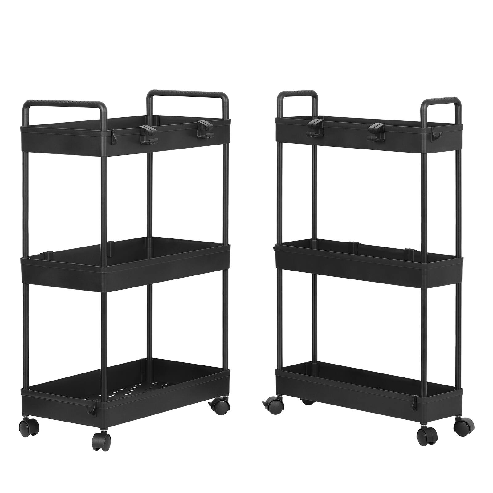 Front. Oumilen - 3-Tier Black Rolling Storage Cart, 2 Sizes Slim & Wide Mobile Utility Organizer Trolley with Lockable Wheels - Black.